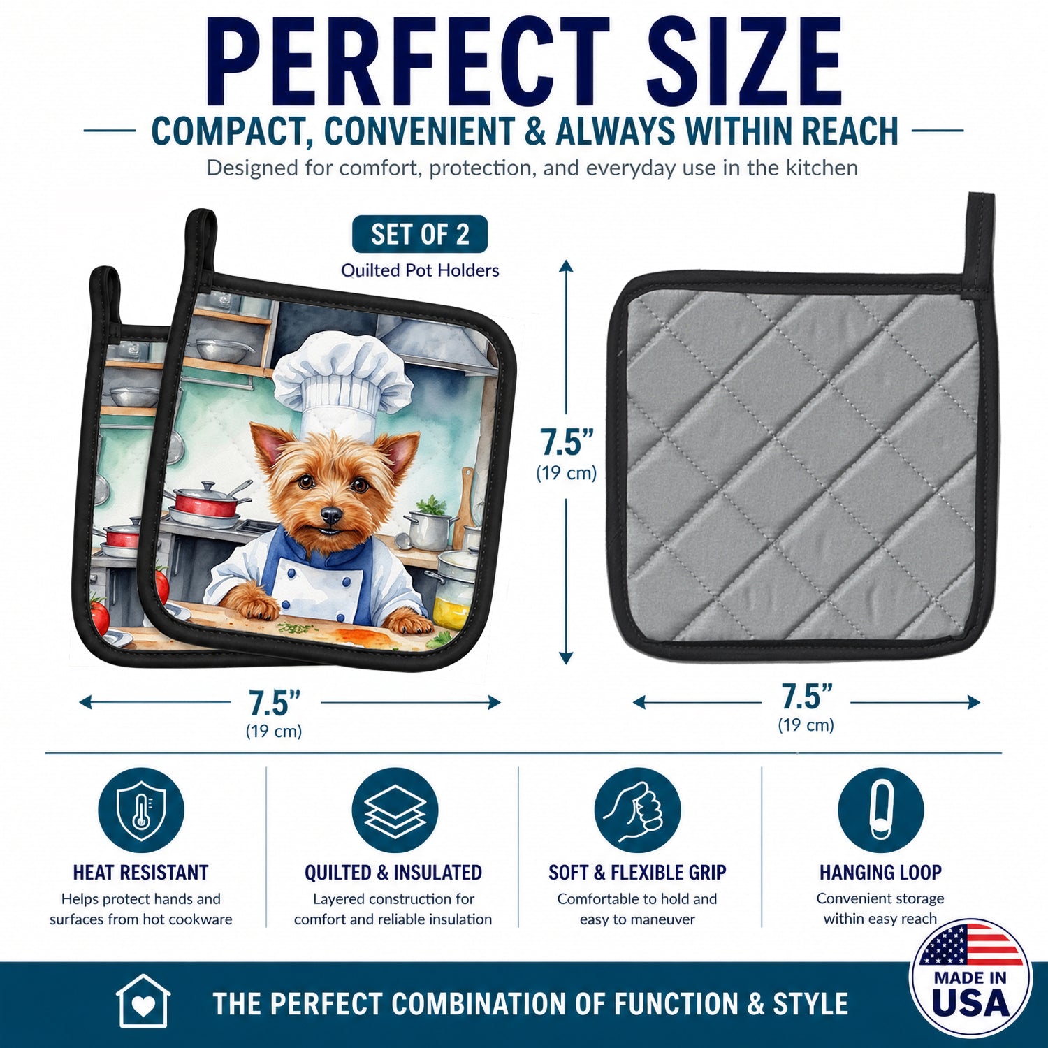 Australian Terrier The Chef Pot Holder Set of 2 Heat Resistant Quilted Hot Pads 7.5 x 7.5 Inch, Insulated Kitchen Trivets for Cooking & Baking