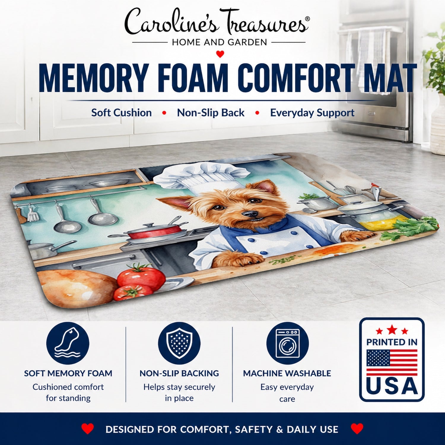 Australian Terrier The Chef Memory Foam Kitchen Mat Machine Washable Anti-Fatigue Cushion Comfort Bath or Kitchen Rug