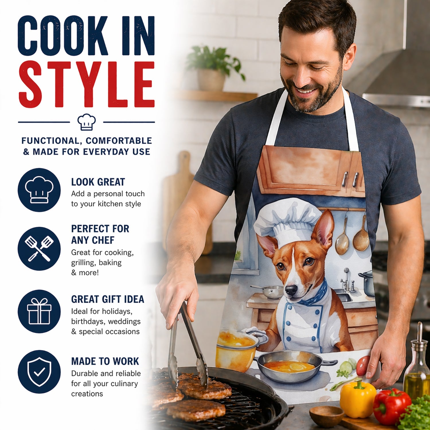 Basenji The Chef Apron Cooking Kitchen Server Baking Crafts Gardening for Adult Women Men, Unisex, Large, Multicolor