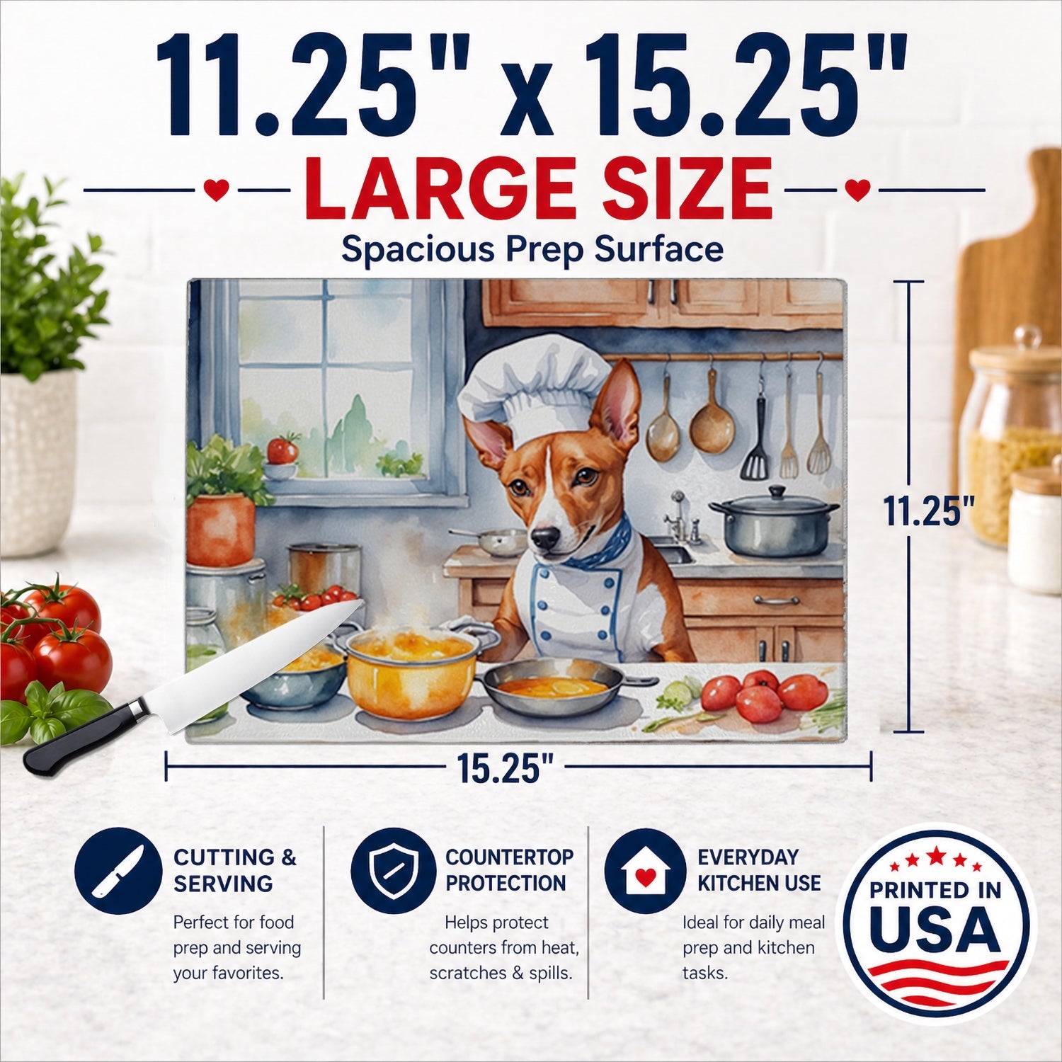 Basenji The Chef Cutting Board Tempered Glass Kitchen Cutting Surface, Heat Resistant Chopping, Non-Slip Feet, Food Prep & Serving
