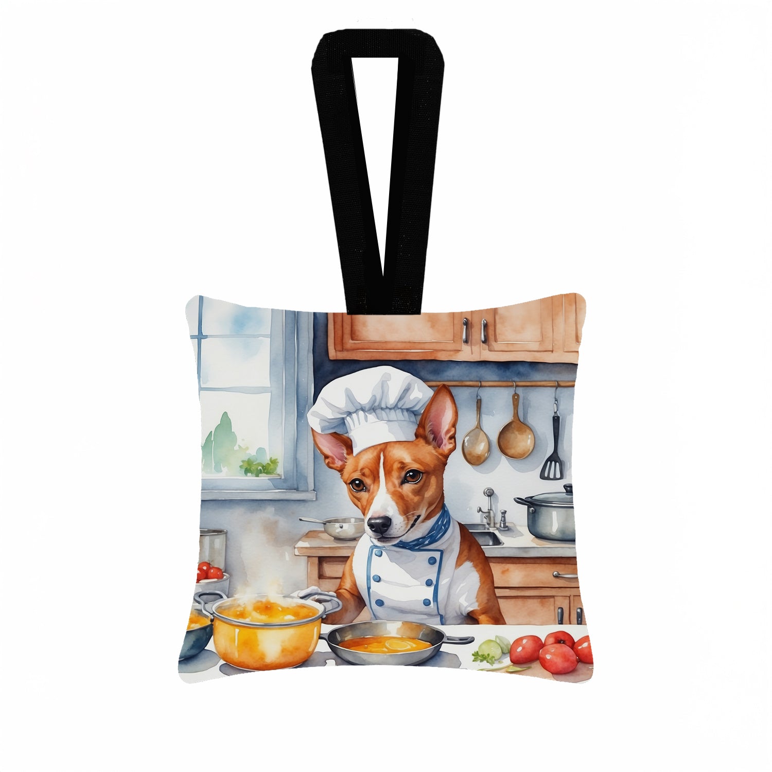 Basenji The Chef Hanging Square Fabric Ornament 3.5 × 3.5 Decorative Door-Knob & Tree Hanger, Soft Fabric