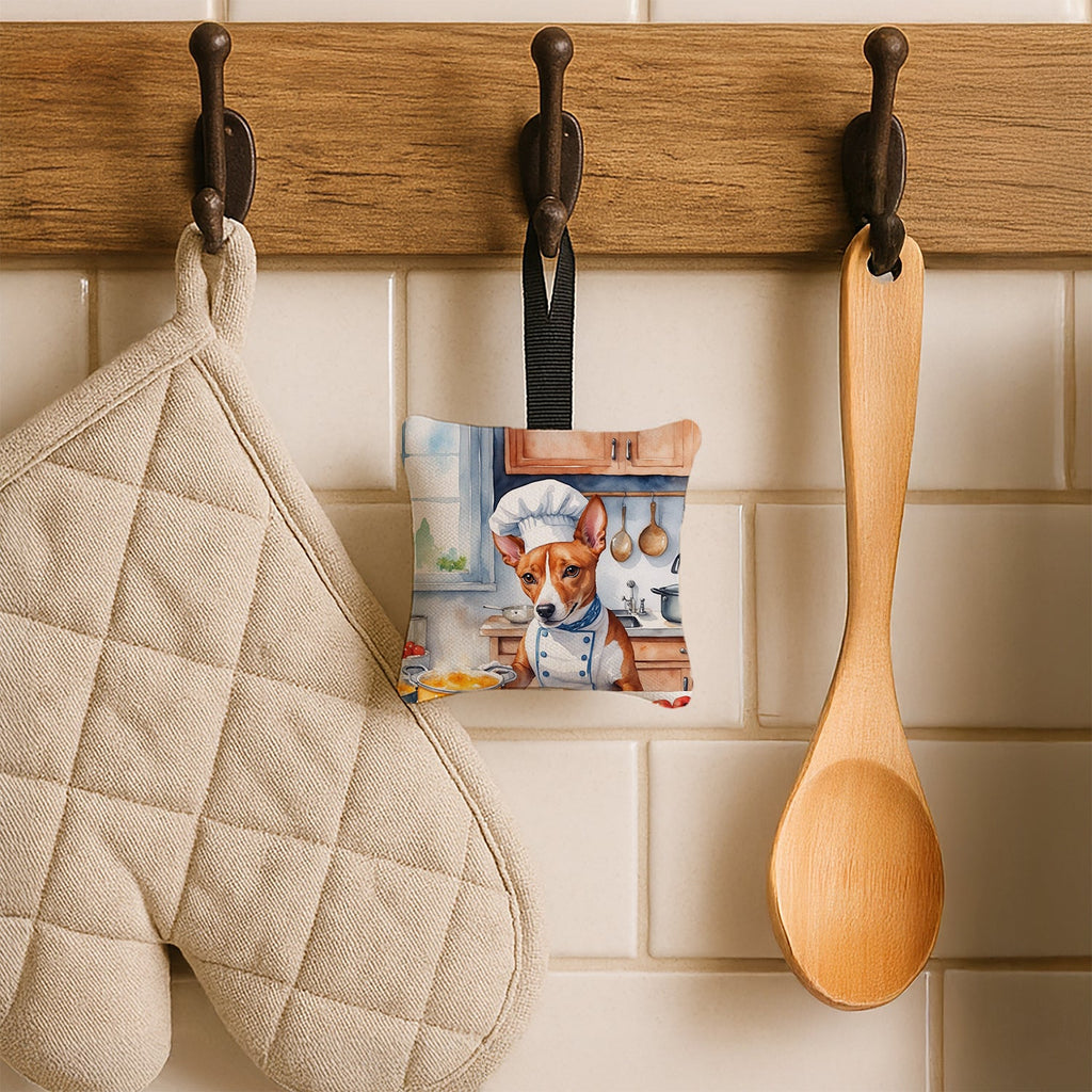 Basenji The Chef Hanging Square Fabric Ornament 3.5 × 3.5 Decorative Door-Knob & Tree Hanger, Soft Fabric
