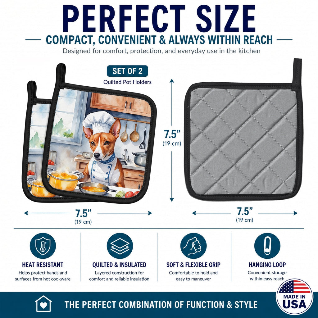 Basenji The Chef Pot Holder Set of 2 Heat Resistant Quilted Hot Pads 7.5 x 7.5 Inch, Insulated Kitchen Trivets for Cooking & Baking