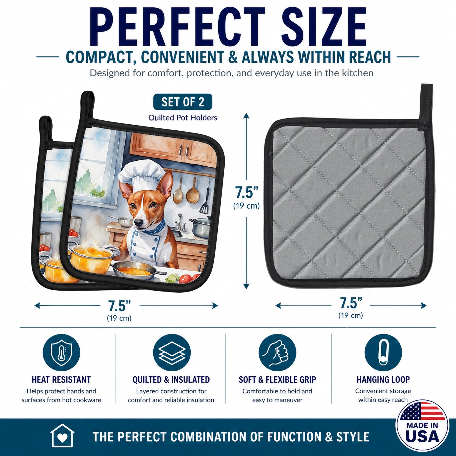 Basenji The Chef Pot Holder Set of 2 Heat Resistant Quilted Hot Pads 7.5 x 7.5 Inch, Insulated Kitchen Trivets for Cooking & Baking