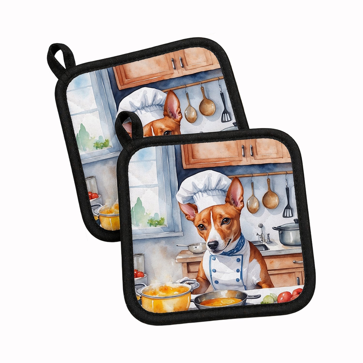 Basenji The Chef Pot Holder Set of 2 Heat Resistant Quilted Hot Pads 7.5 x 7.5 Inch, Insulated Kitchen Trivets for Cooking & Baking