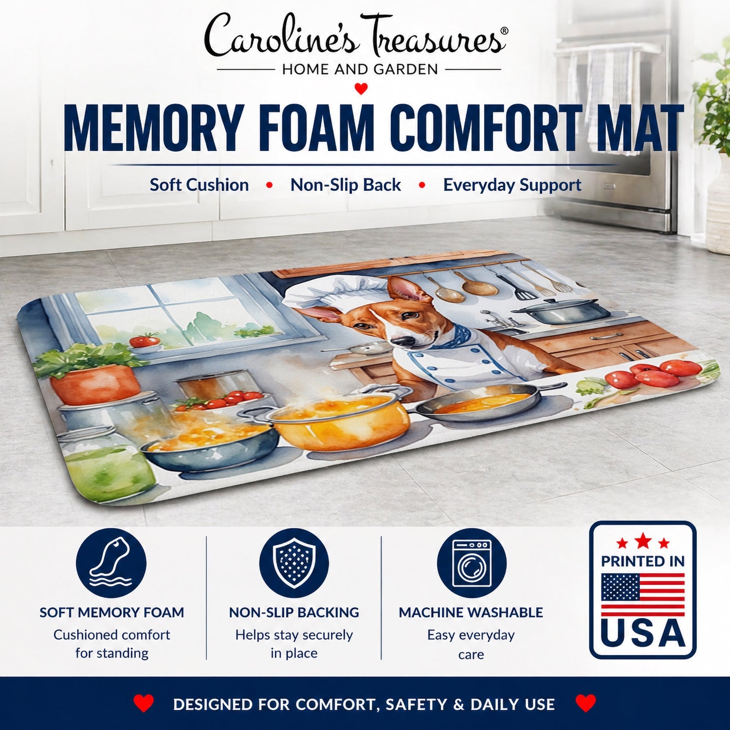 Basenji The Chef Memory Foam Kitchen Mat Machine Washable Anti-Fatigue Cushion Comfort Bath or Kitchen Rug