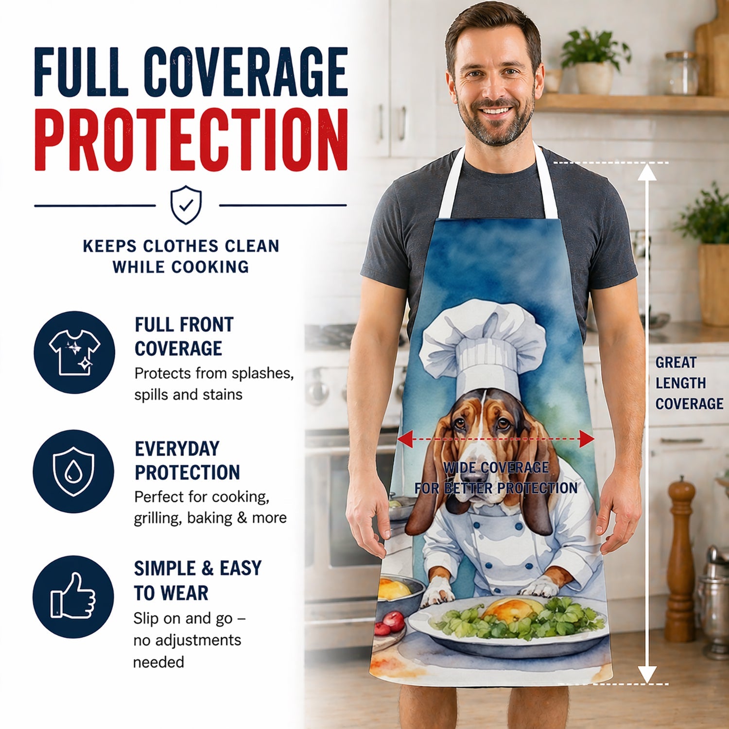 Basset Hound The Chef Apron Cooking Kitchen Server Baking Crafts Gardening for Adult Women Men, Unisex, Large, Multicolor