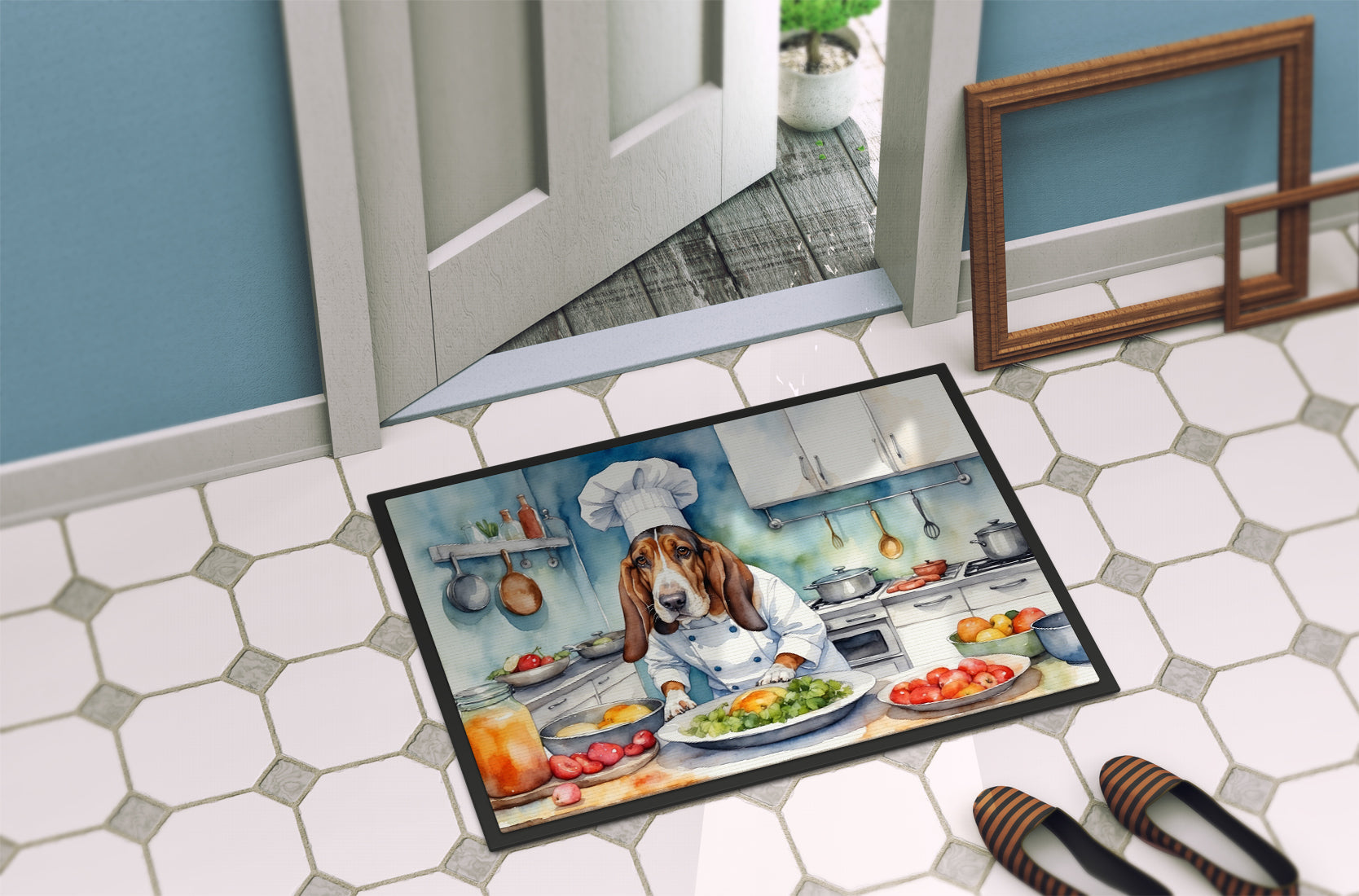Basset Hound The Chef Doormat Indoor Outdoor 24H X 36W Front Door Mat Rugs for Entryway, Non Slip Washable Low Pile,