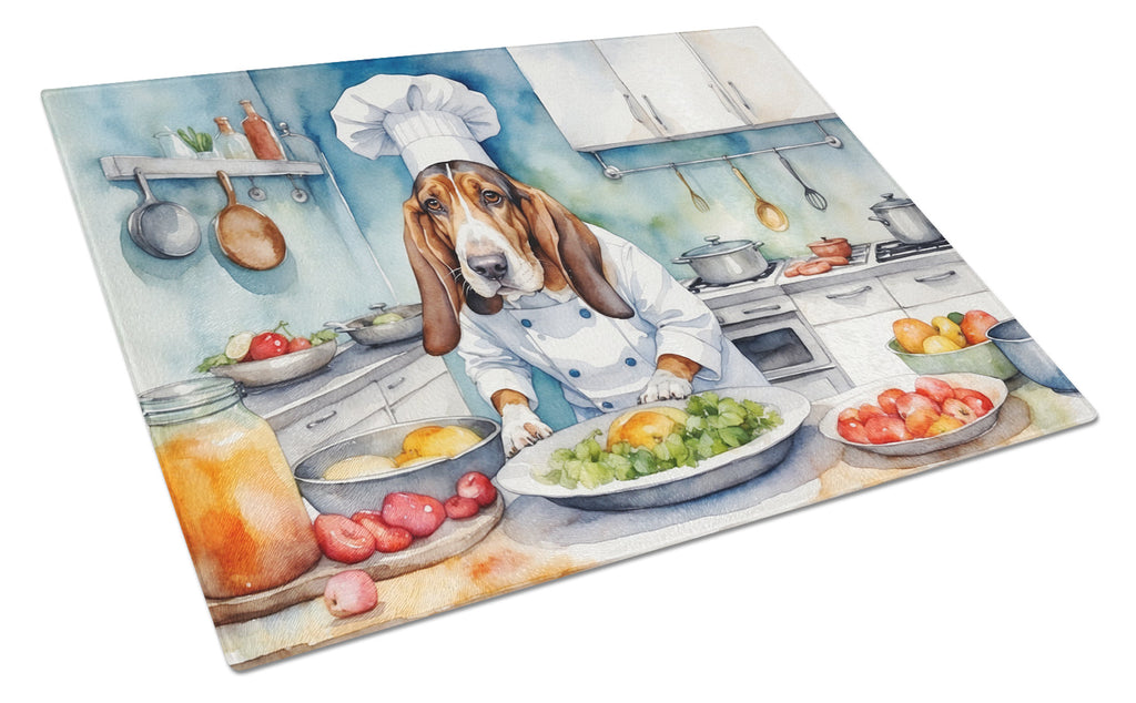 Basset Hound The Chef Cutting Board Tempered Glass Kitchen Cutting Surface, Heat Resistant Chopping, Non-Slip Feet, Food Prep & Serving