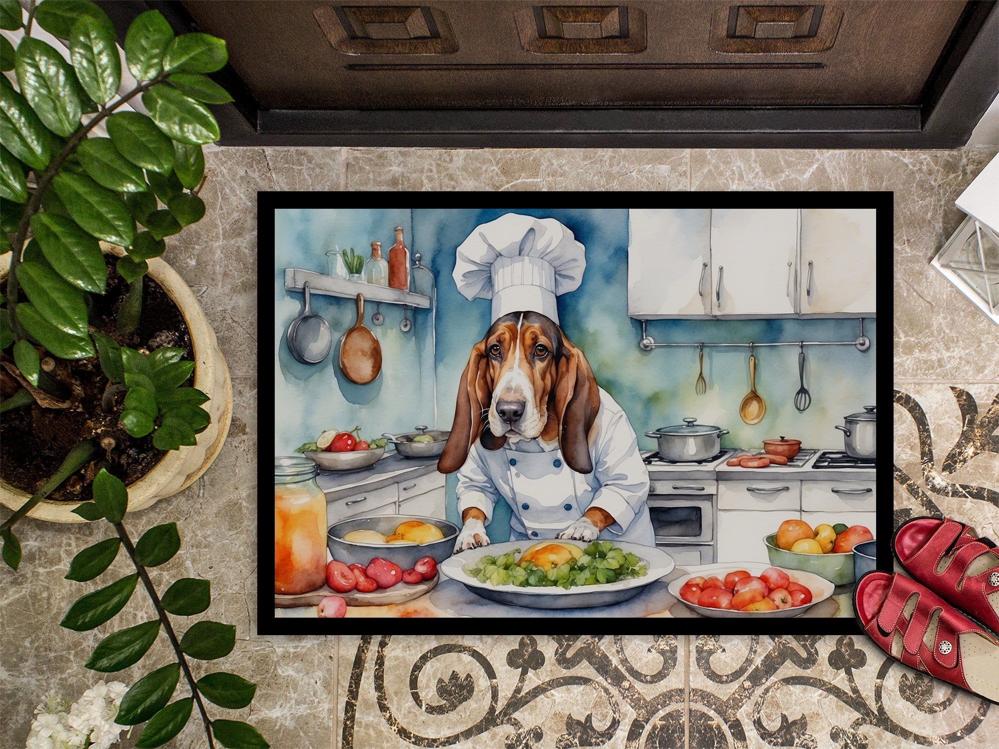 Basset Hound The Chef Doormat Indoor Outdoor 18H X 27W Front Door Mat Rugs for Entryway, Non Slip Washable