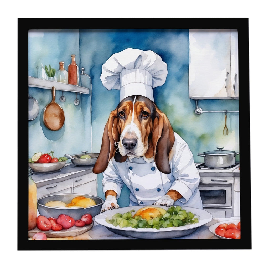 Basset Hound The Chef Framed Metal Print Bathroom, Kitchen, Office, Home Decor Wall Art Ready to Hang, Square, 8X8