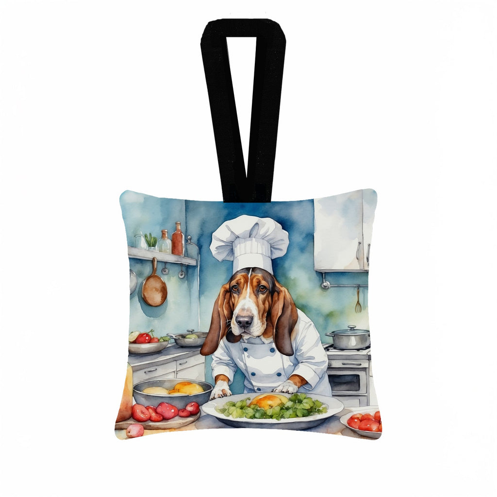 Basset Hound The Chef Hanging Square Fabric Ornament 3.5 × 3.5 Decorative Door-Knob & Tree Hanger, Soft Fabric