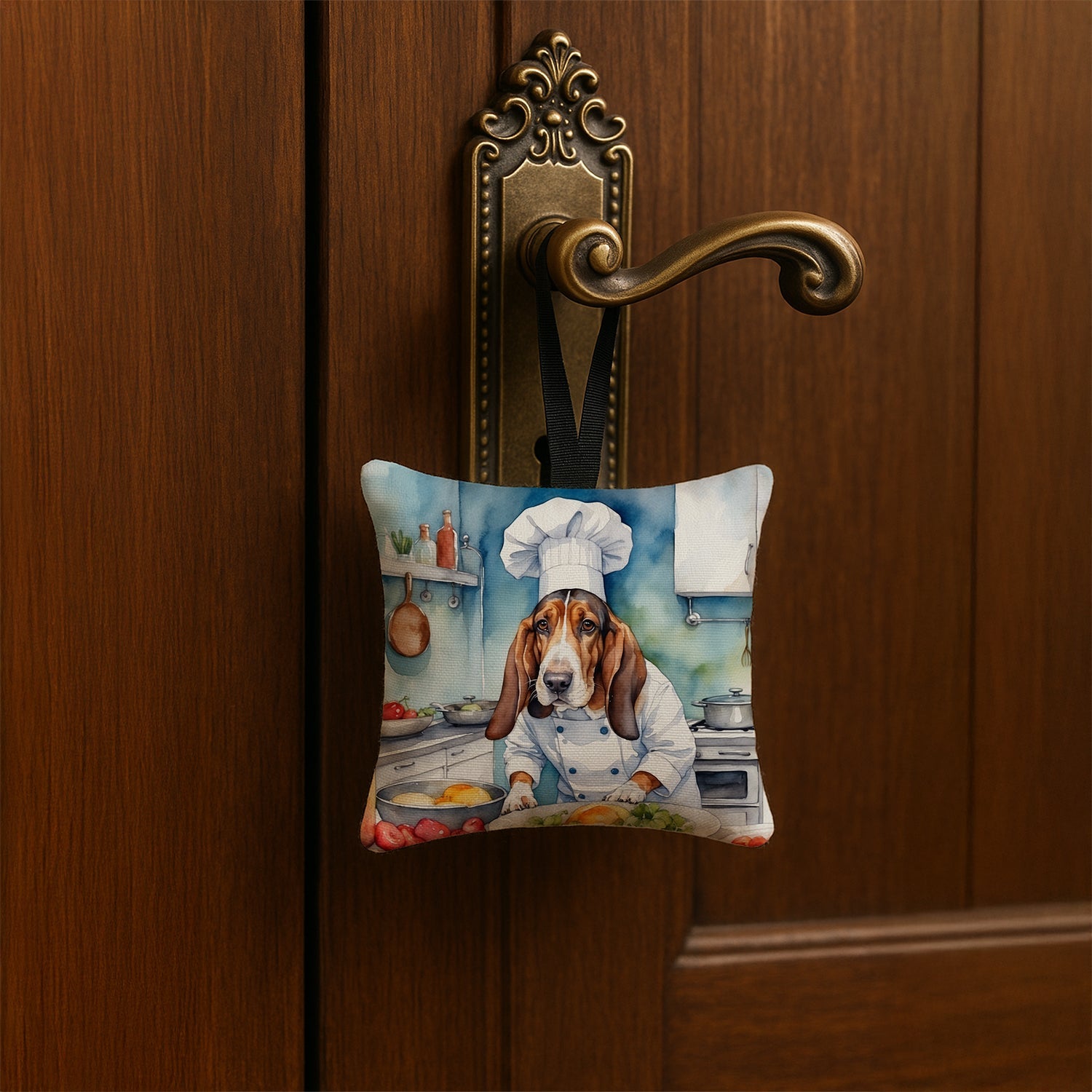 Basset Hound The Chef Hanging Square Fabric Ornament 3.5 × 3.5 Decorative Door-Knob & Tree Hanger, Soft Fabric