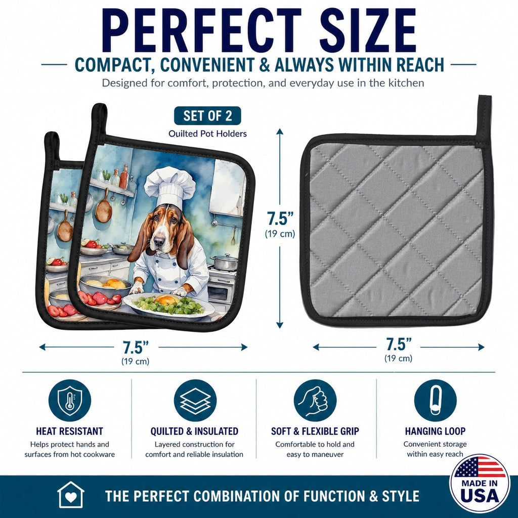 Basset Hound The Chef Pot Holder Set of 2 Heat Resistant Quilted Hot Pads 7.5 x 7.5 Inch, Insulated Kitchen Trivets for Cooking & Baking
