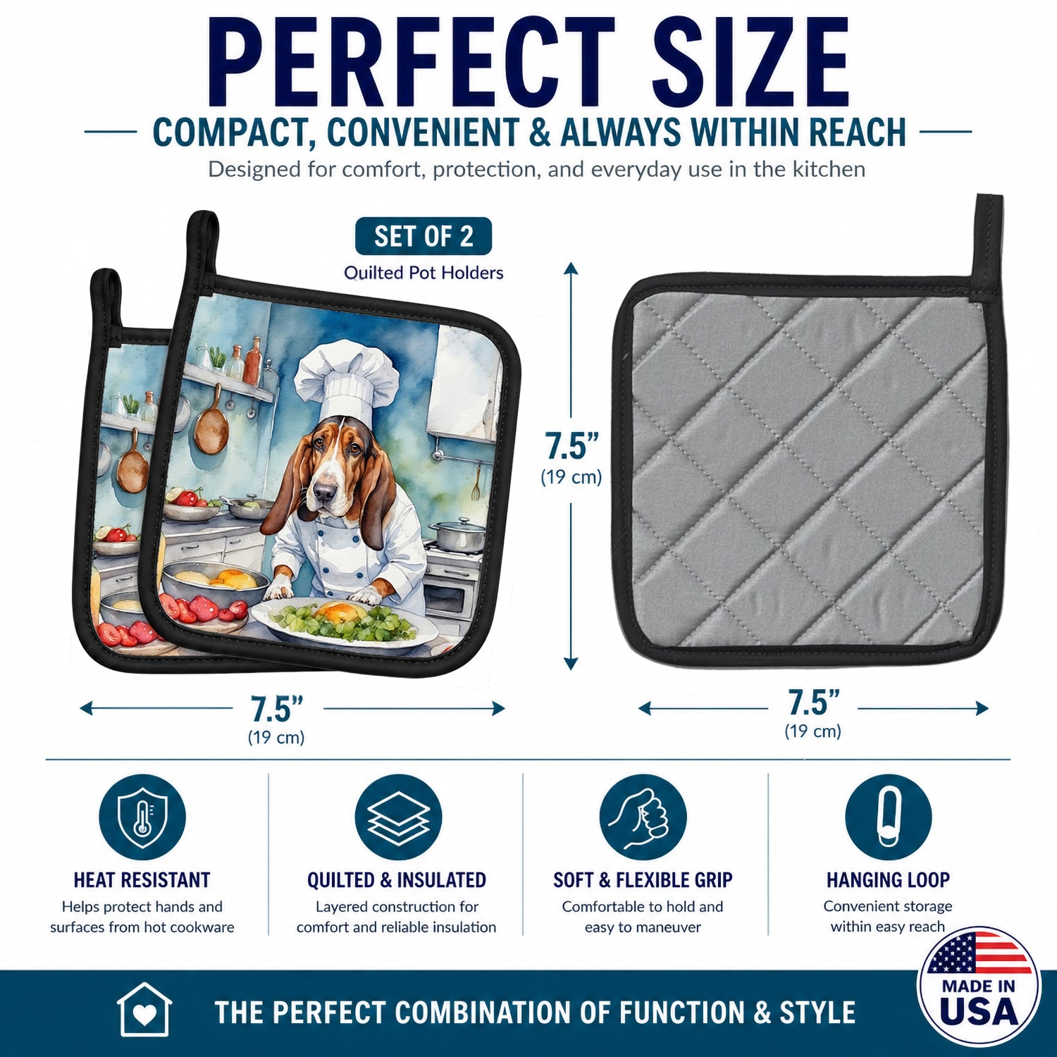 Basset Hound The Chef Pot Holder Set of 2 Heat Resistant Quilted Hot Pads 7.5 x 7.5 Inch, Insulated Kitchen Trivets for Cooking & Baking
