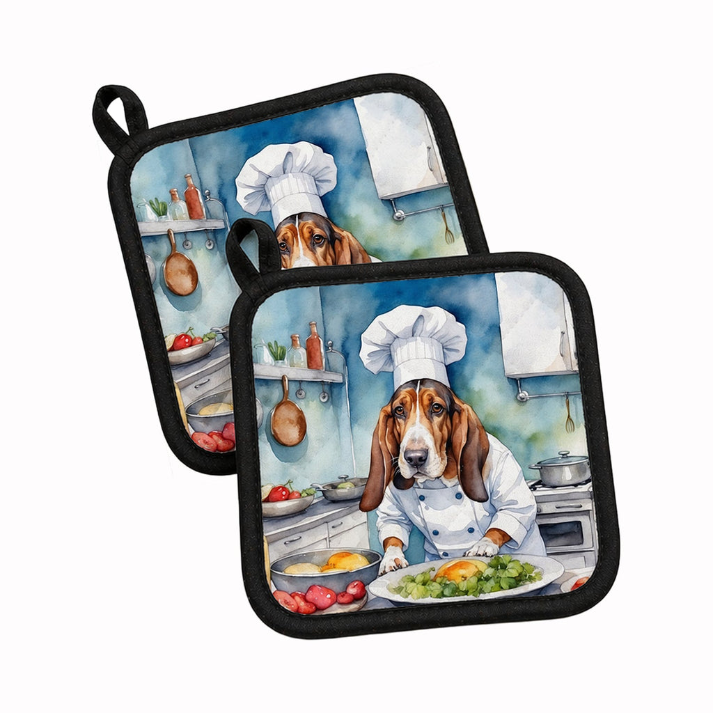 Basset Hound The Chef Pot Holder Set of 2 Heat Resistant Quilted Hot Pads 7.5 x 7.5 Inch, Insulated Kitchen Trivets for Cooking & Baking