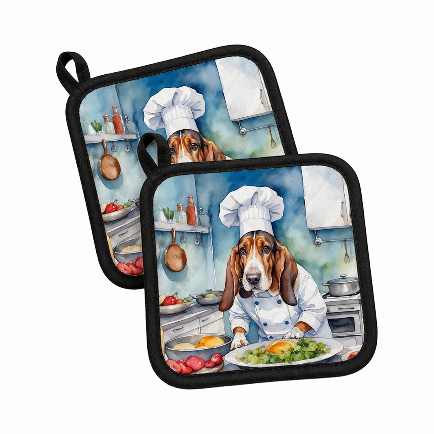 Basset Hound The Chef Pot Holder Set of 2 Heat Resistant Quilted Hot Pads 7.5 x 7.5 Inch, Insulated Kitchen Trivets for Cooking & Baking