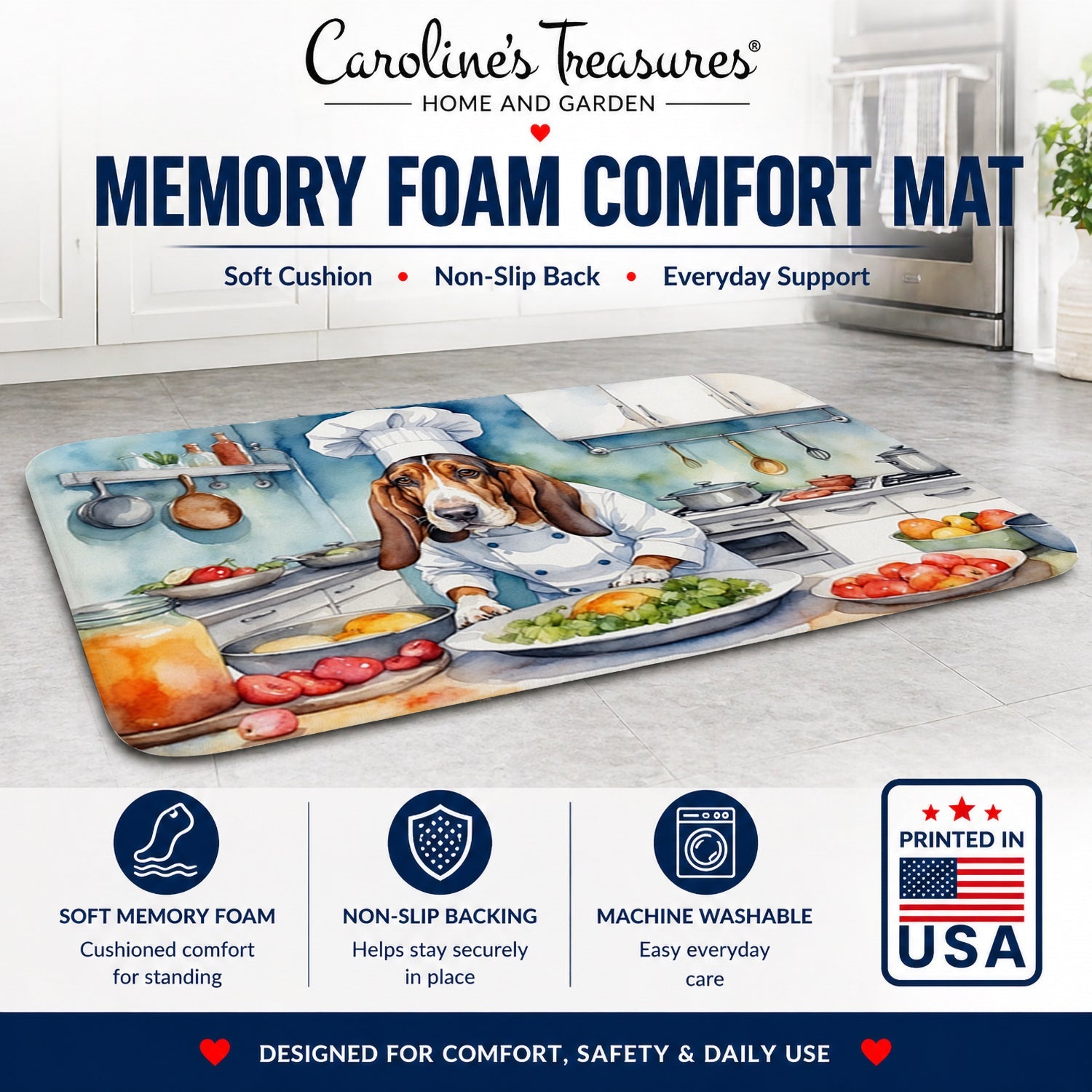 Basset Hound The Chef Memory Foam Kitchen Mat Machine Washable Anti-Fatigue Cushion Comfort Bath or Kitchen Rug