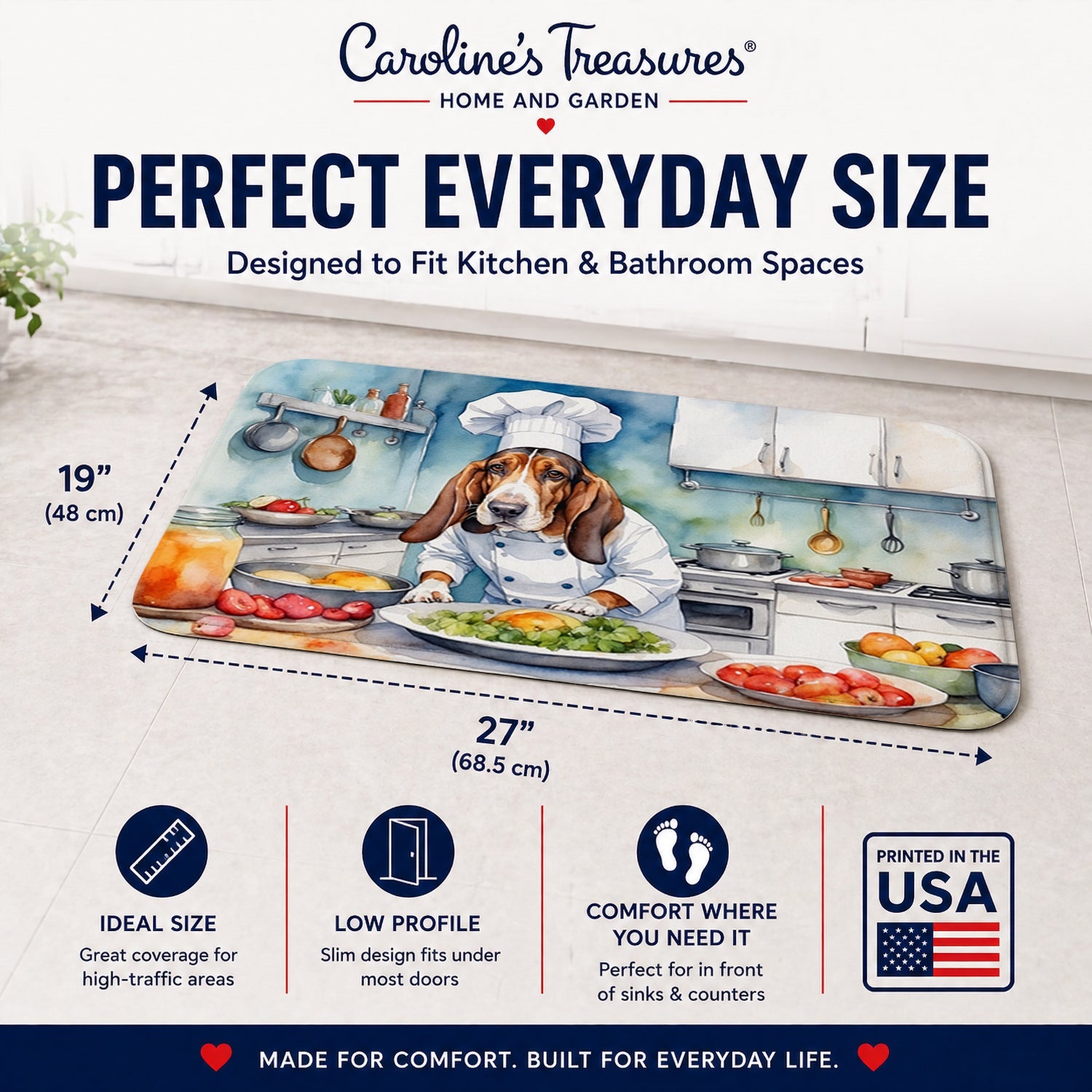 Basset Hound The Chef Memory Foam Kitchen Mat Machine Washable Anti-Fatigue Cushion Comfort Bath or Kitchen Rug