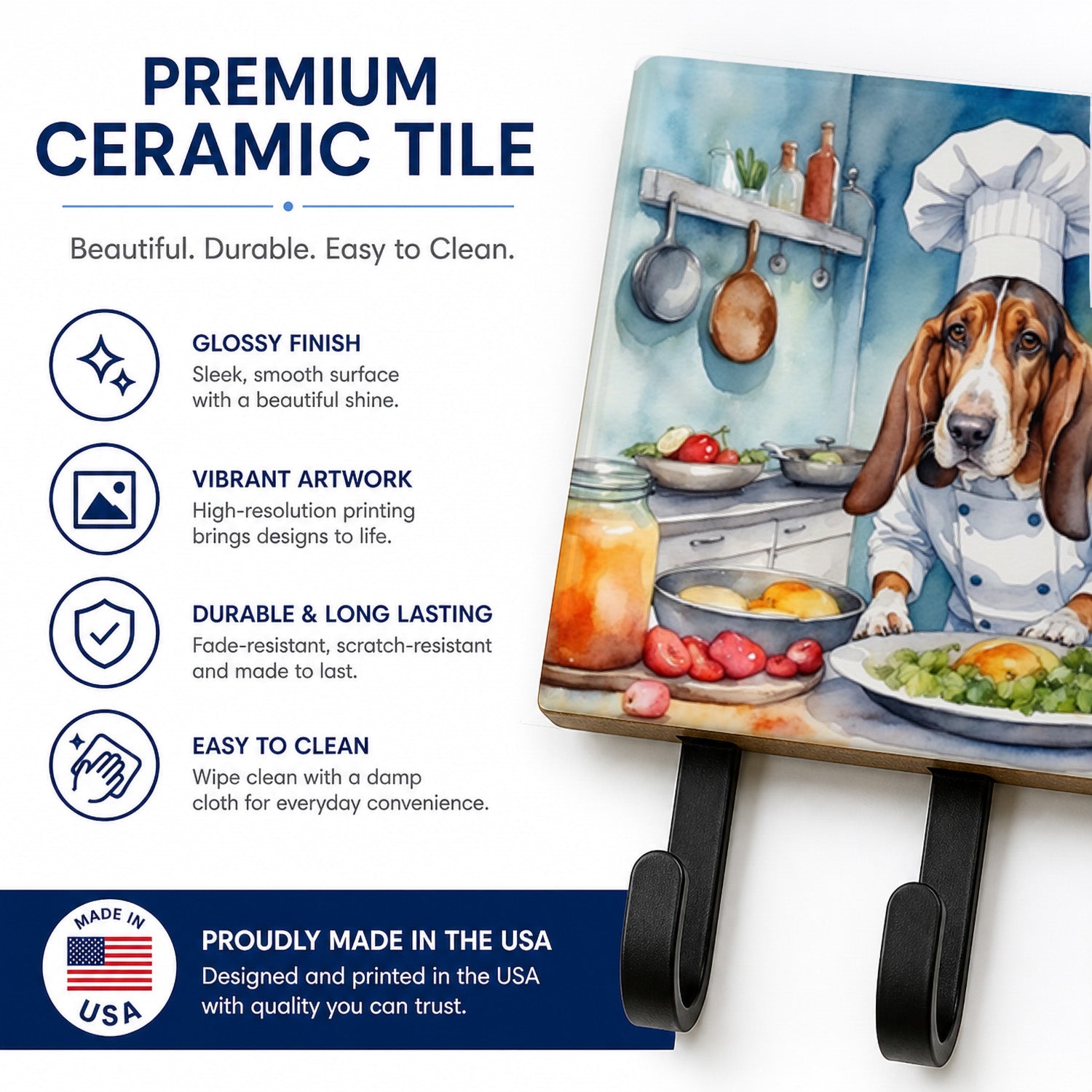 Basset Hound The Chef Leash or Key Holder Wall Hooks, Coat Rack Wall Mount, for Hanging Keys, Towels, Aprons, Leashes