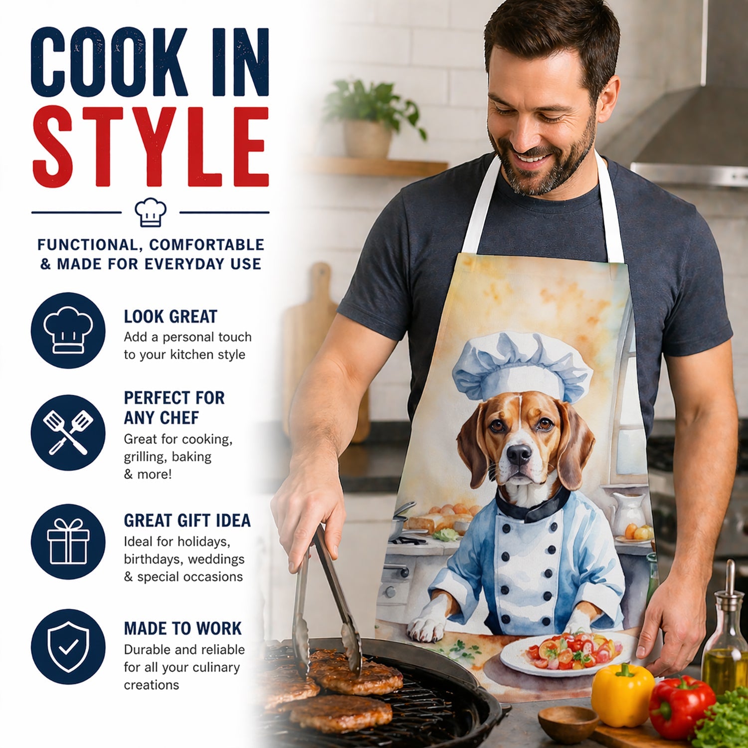 Beagle The Chef Apron Cooking Kitchen Server Baking Crafts Gardening for Adult Women Men, Unisex, Large, Multicolor