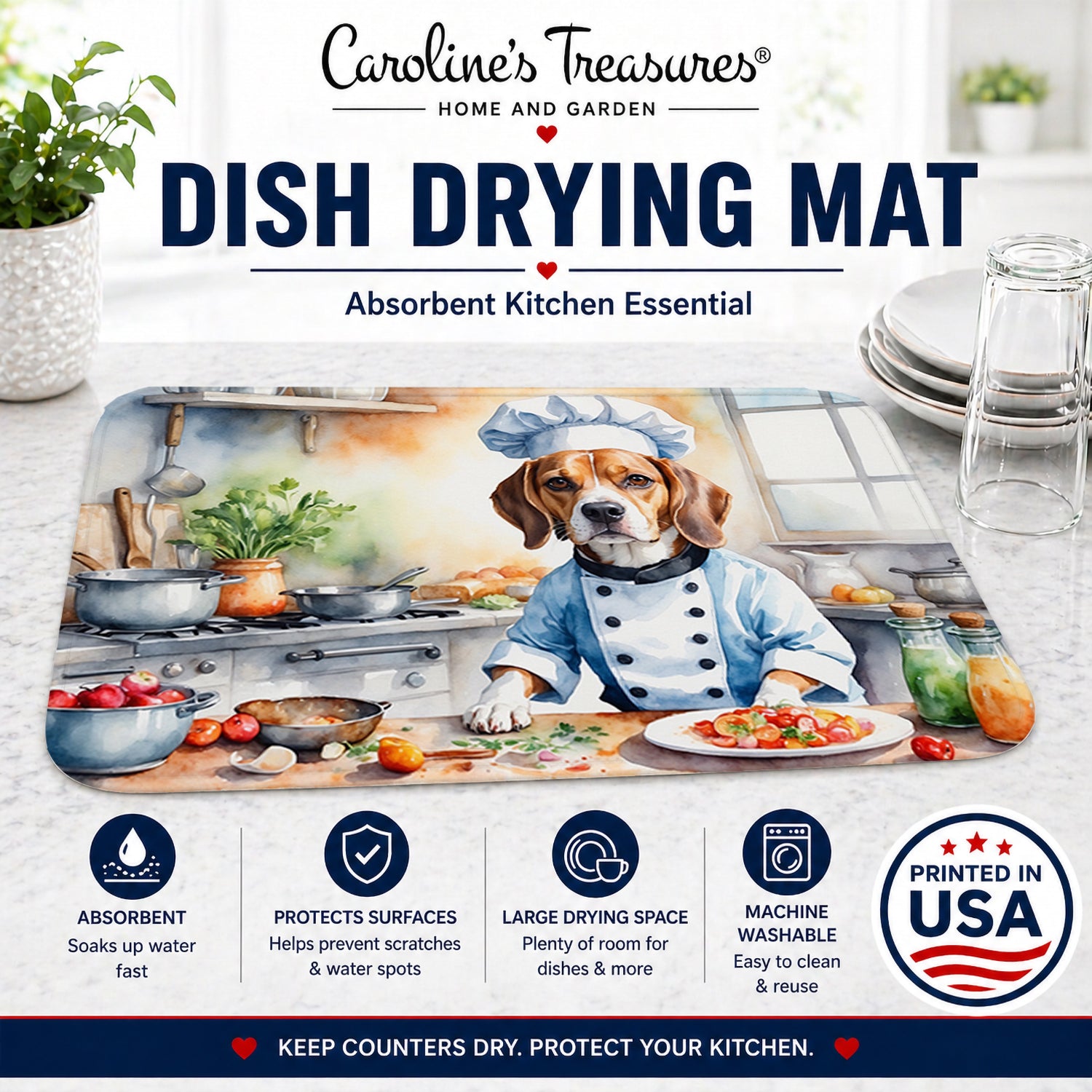 Beagle The Chef Dish Drying Mat Absorbent Dish Drying Mat Pad for Kitchen Counter Dish Drainer Mat for Countertop, 14 x 21", Multicolor