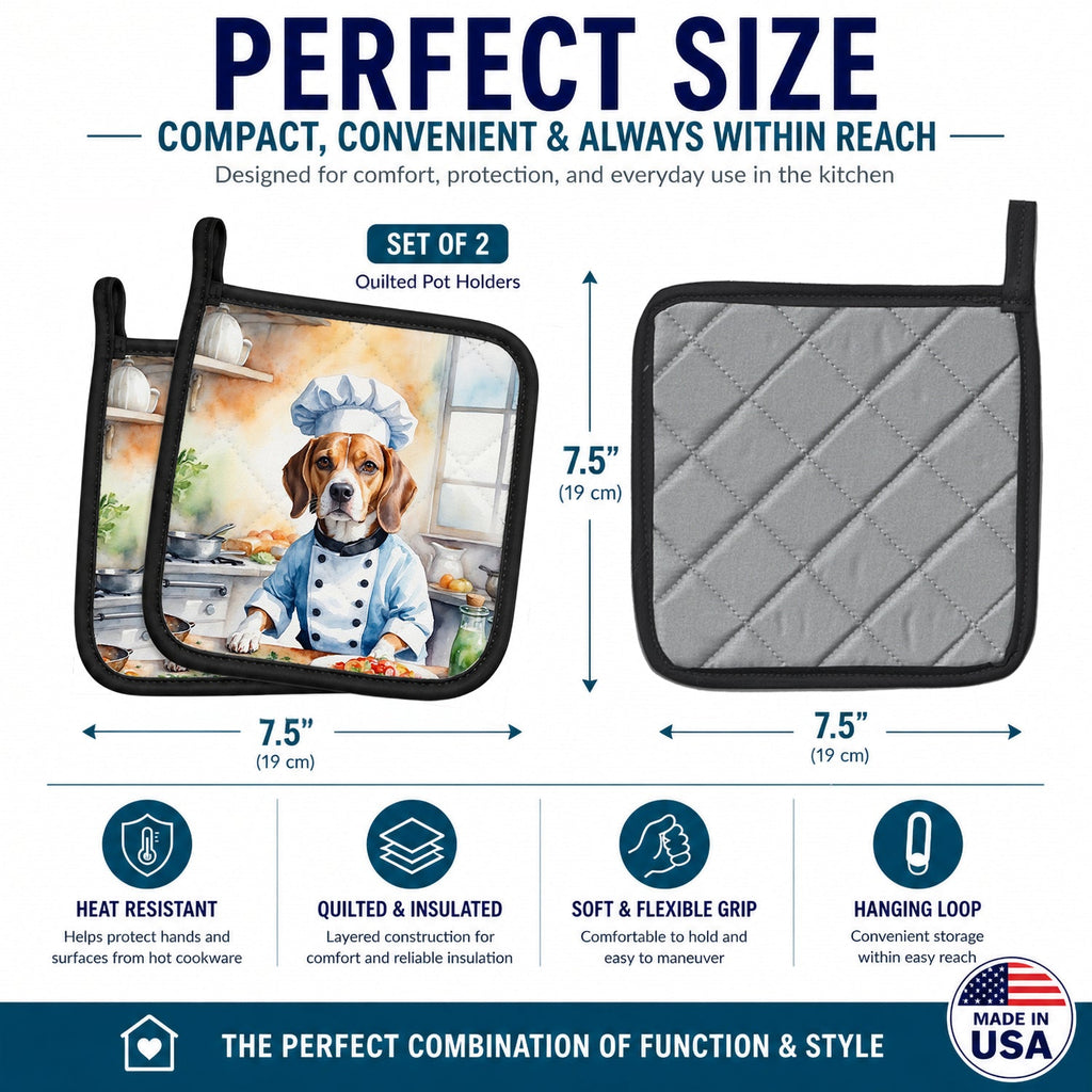 Beagle The Chef Pot Holder Set of 2 Heat Resistant Quilted Hot Pads 7.5 x 7.5 Inch, Insulated Kitchen Trivets for Cooking & Baking