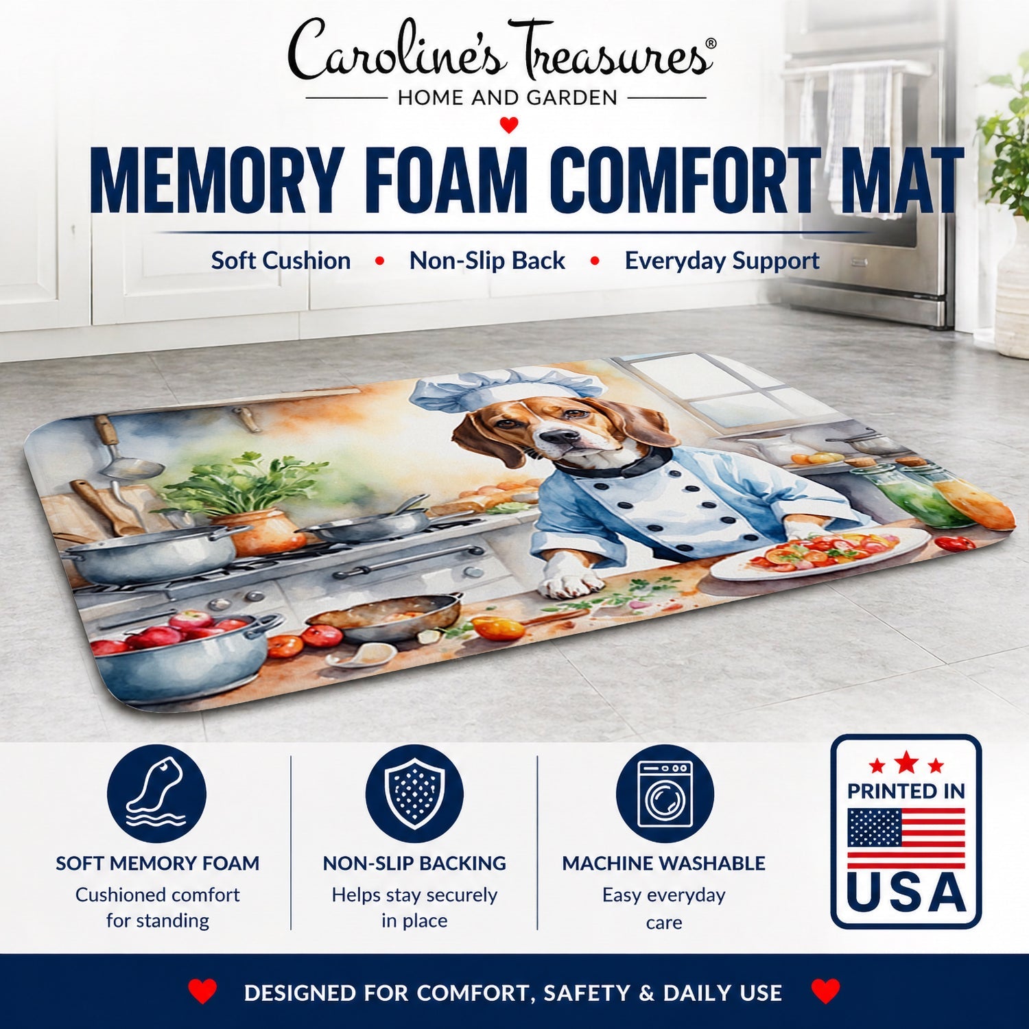 Beagle The Chef Memory Foam Kitchen Mat Machine Washable Anti-Fatigue Cushion Comfort Bath or Kitchen Rug