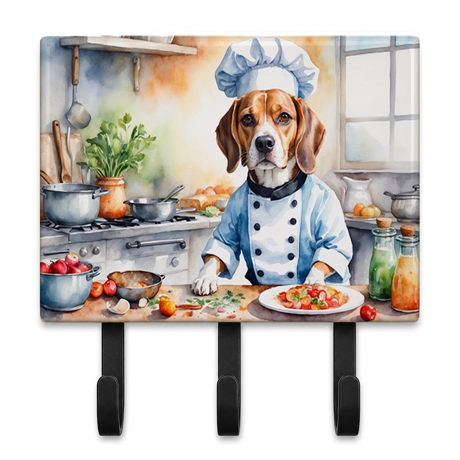Beagle The Chef Leash or Key Holder Wall Hooks, Coat Rack Wall Mount, for Hanging Keys, Towels, Aprons, Leashes