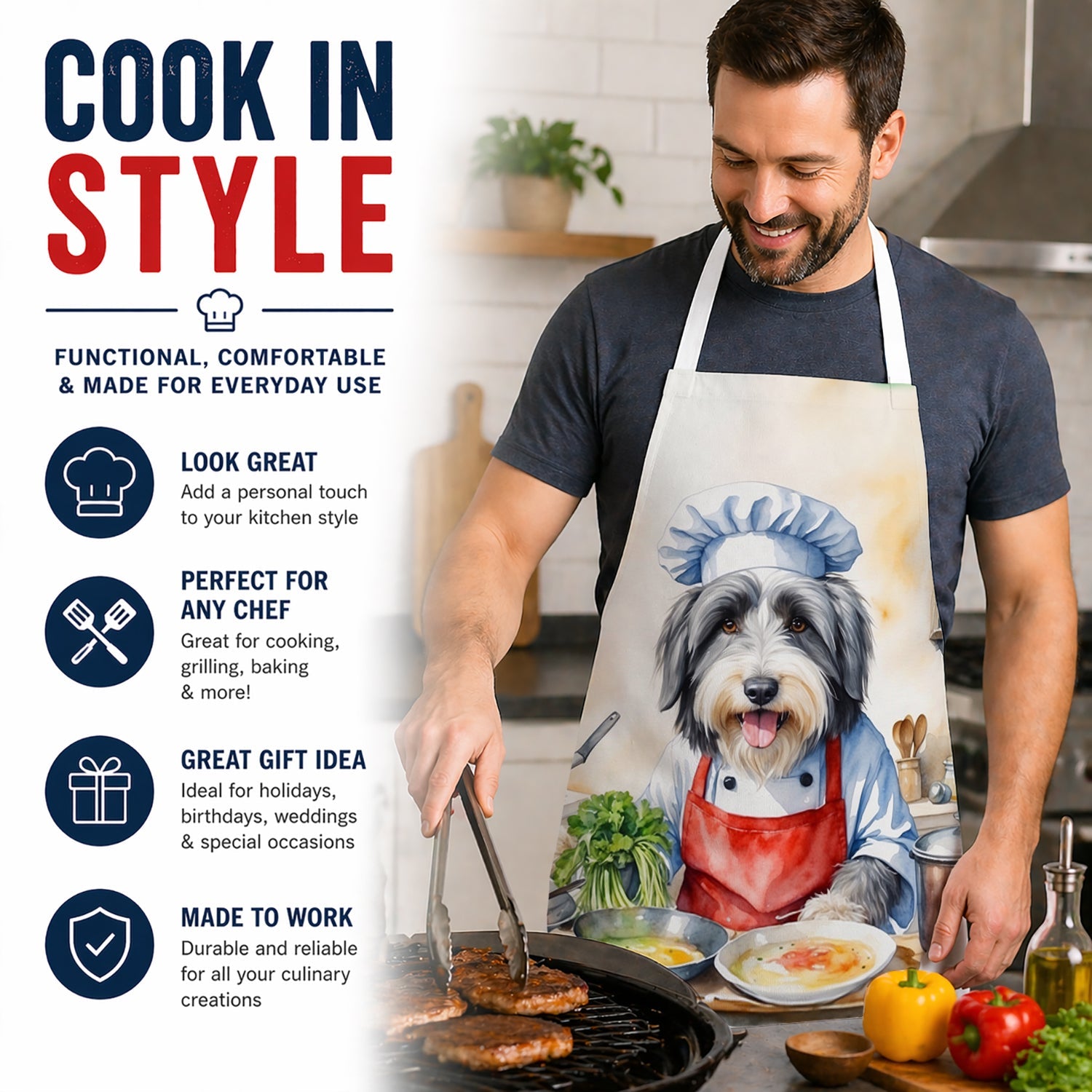 Bearded Collie The Chef Apron Cooking Kitchen Server Baking Crafts Gardening for Adult Women Men, Unisex, Large, Multicolor