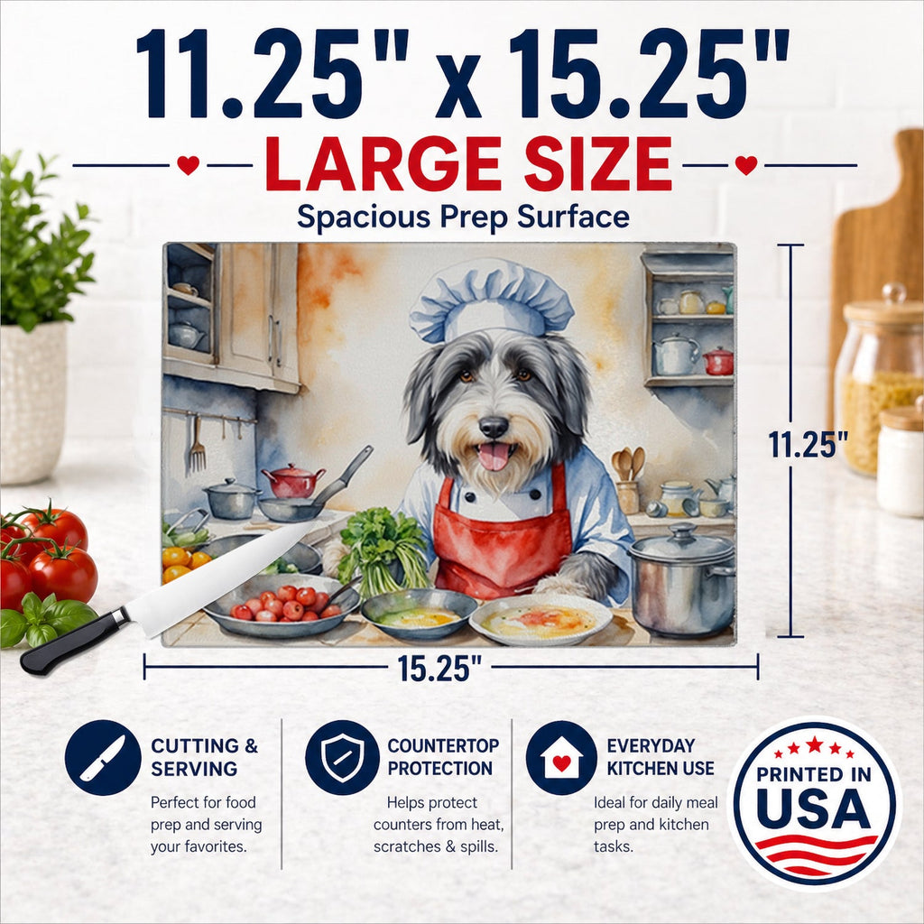 Bearded Collie The Chef Cutting Board Tempered Glass Kitchen Cutting Surface, Heat Resistant Chopping, Non-Slip Feet, Food Prep & Serving