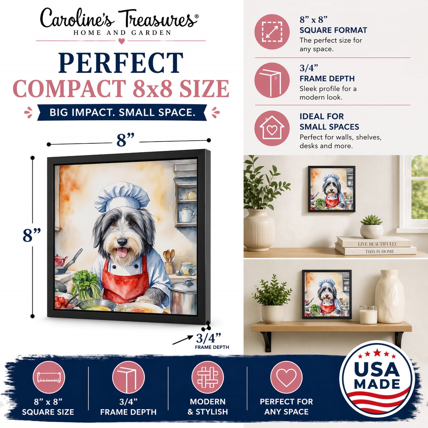 Bearded Collie The Chef Framed Metal Print Bathroom, Kitchen, Office, Home Decor Wall Art Ready to Hang, Square, 8X8