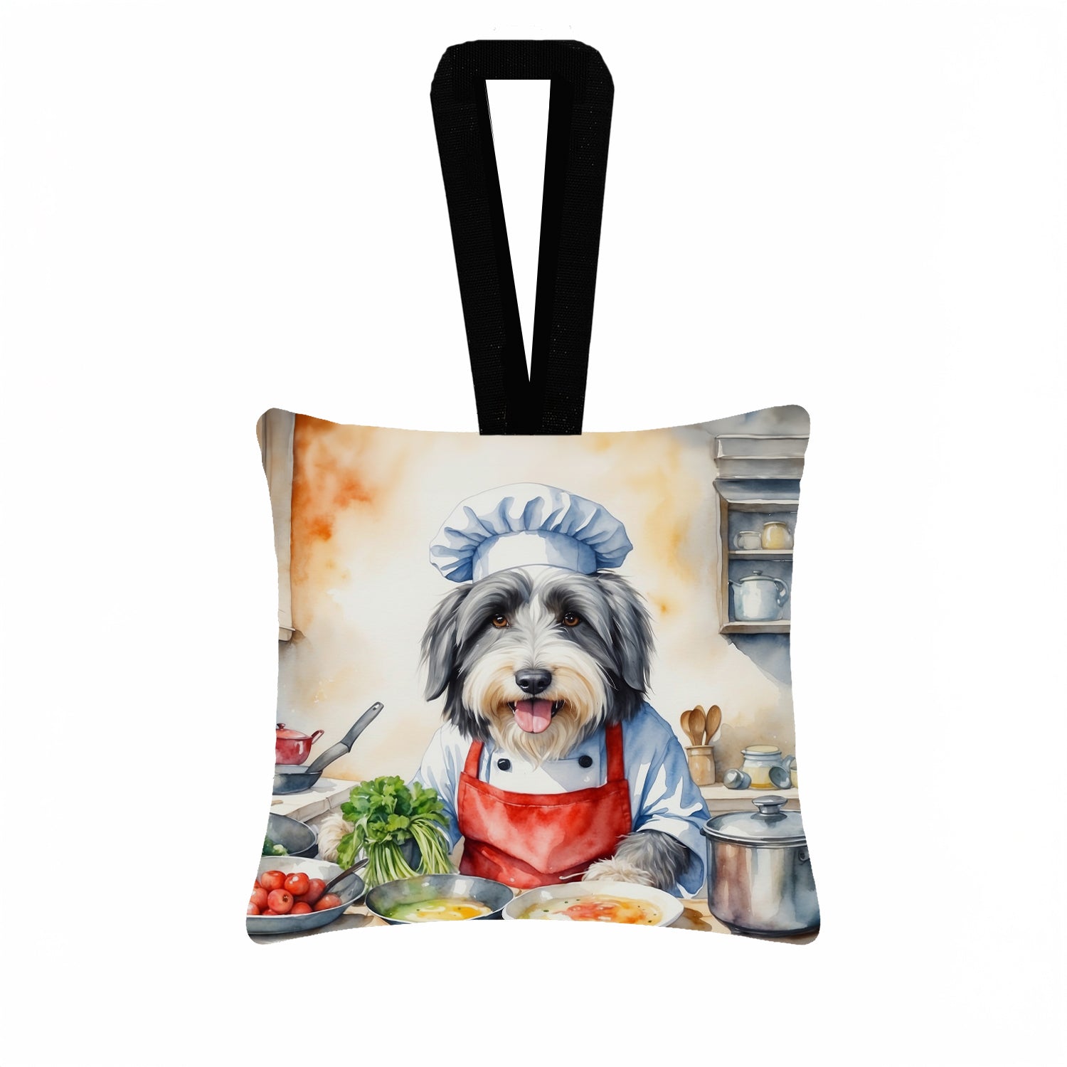 Bearded Collie The Chef Hanging Square Fabric Ornament 3.5 × 3.5 Decorative Door-Knob & Tree Hanger, Soft Fabric