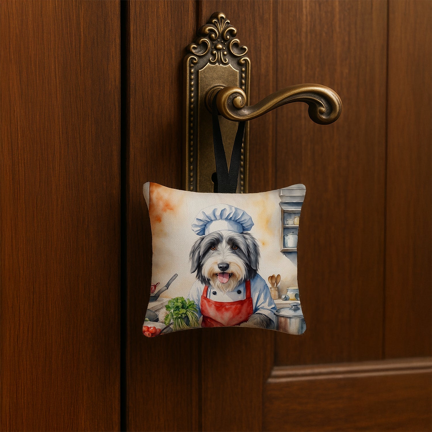 Bearded Collie The Chef Hanging Square Fabric Ornament 3.5 × 3.5 Decorative Door-Knob & Tree Hanger, Soft Fabric