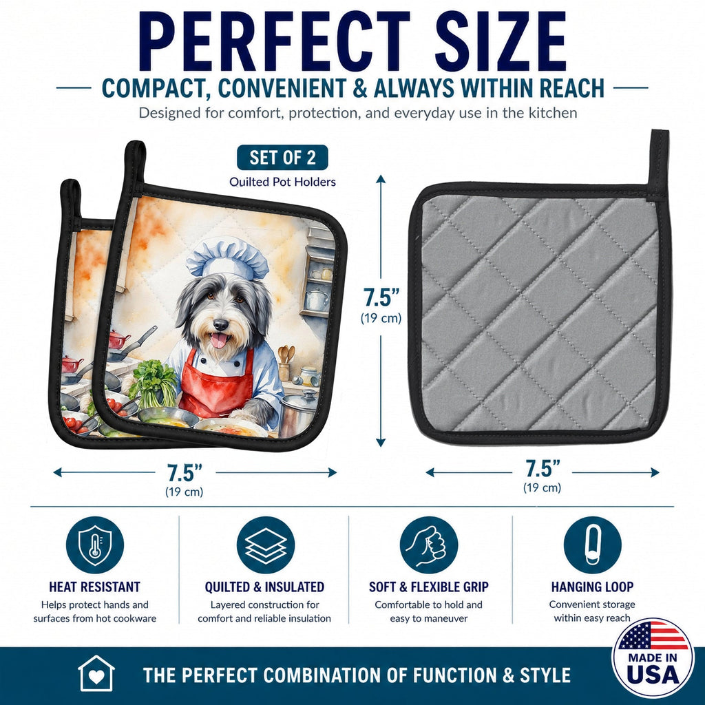 Bearded Collie The Chef Pot Holder Set of 2 Heat Resistant Quilted Hot Pads 7.5 x 7.5 Inch, Insulated Kitchen Trivets for Cooking & Baking