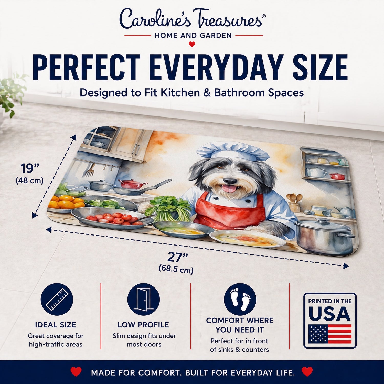 Bearded Collie The Chef Memory Foam Kitchen Mat Machine Washable Anti-Fatigue Cushion Comfort Bath or Kitchen Rug