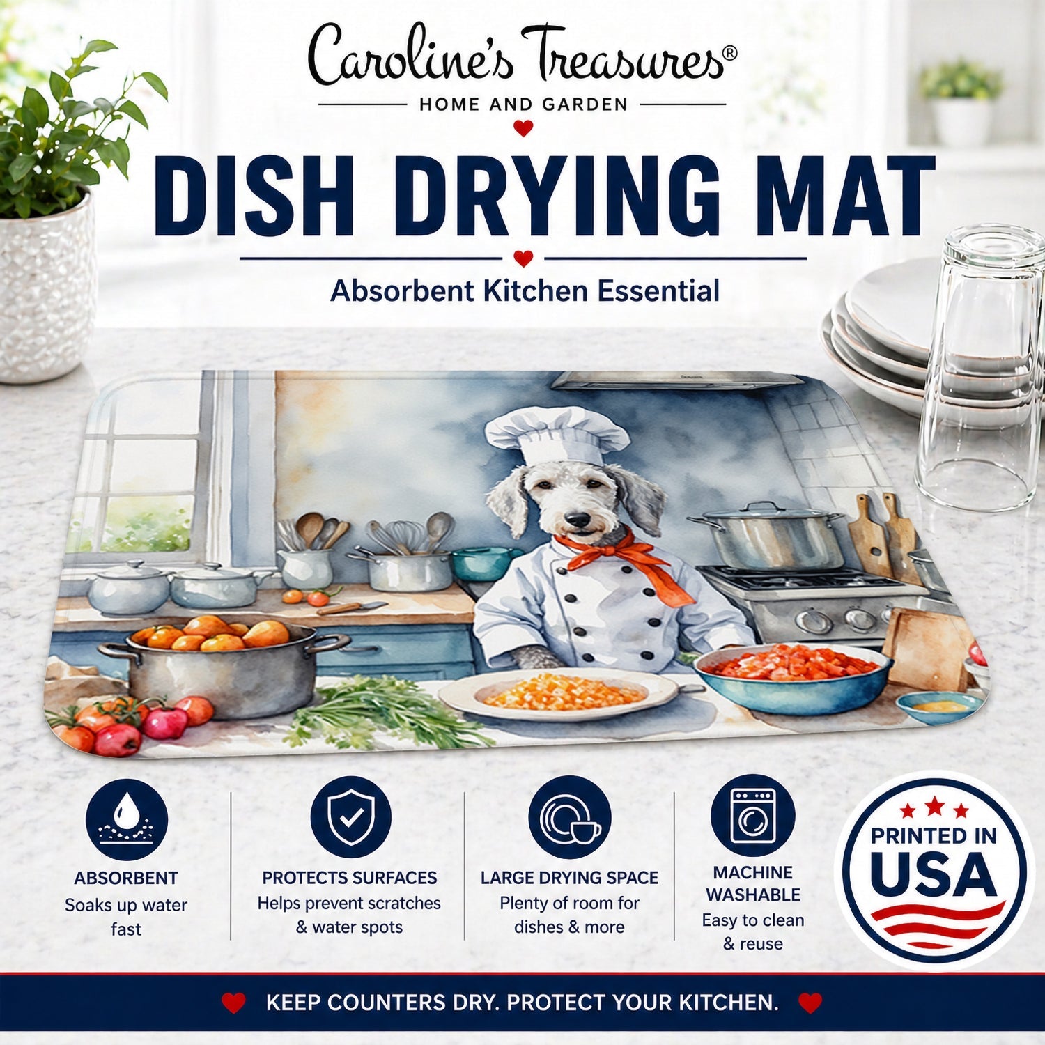 Bedlington Terrier The Chef Dish Drying Mat Absorbent Dish Drying Mat Pad for Kitchen Counter Dish Drainer Mat for Countertop, 14 x 21", Multicolor