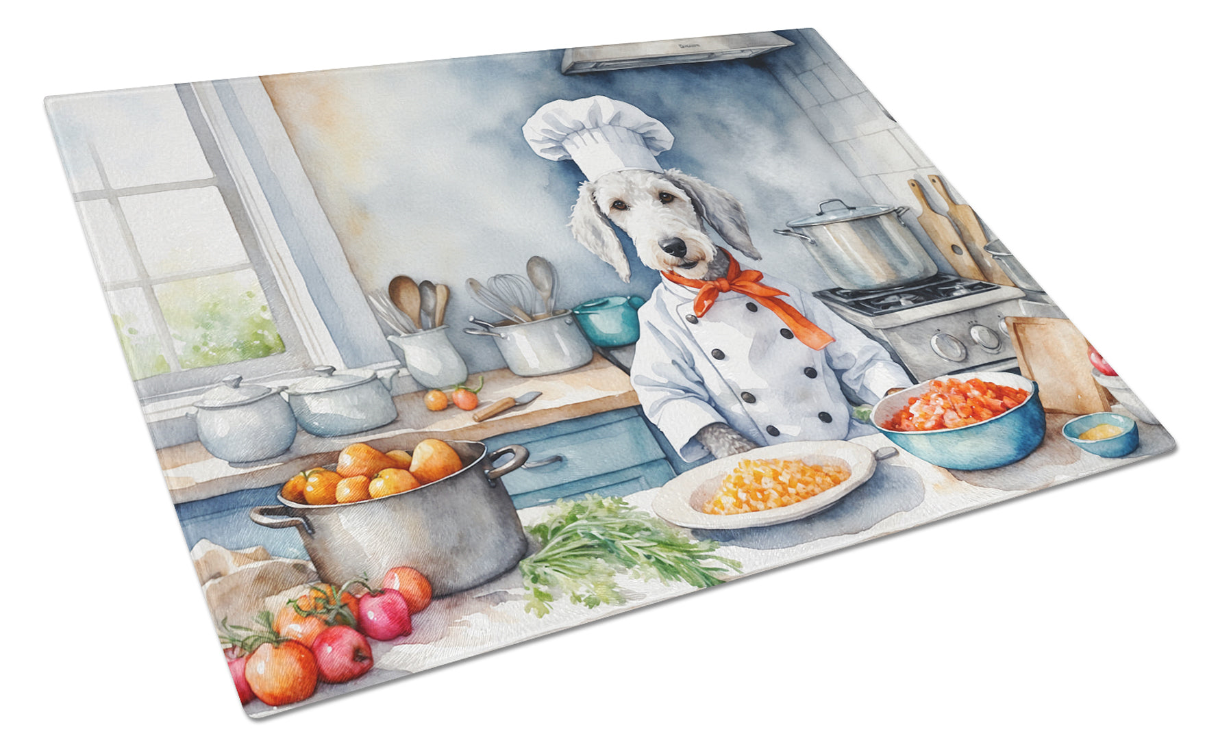 Bedlington Terrier The Chef Cutting Board Tempered Glass Kitchen Cutting Surface, Heat Resistant Chopping, Non-Slip Feet, Food Prep & Serving