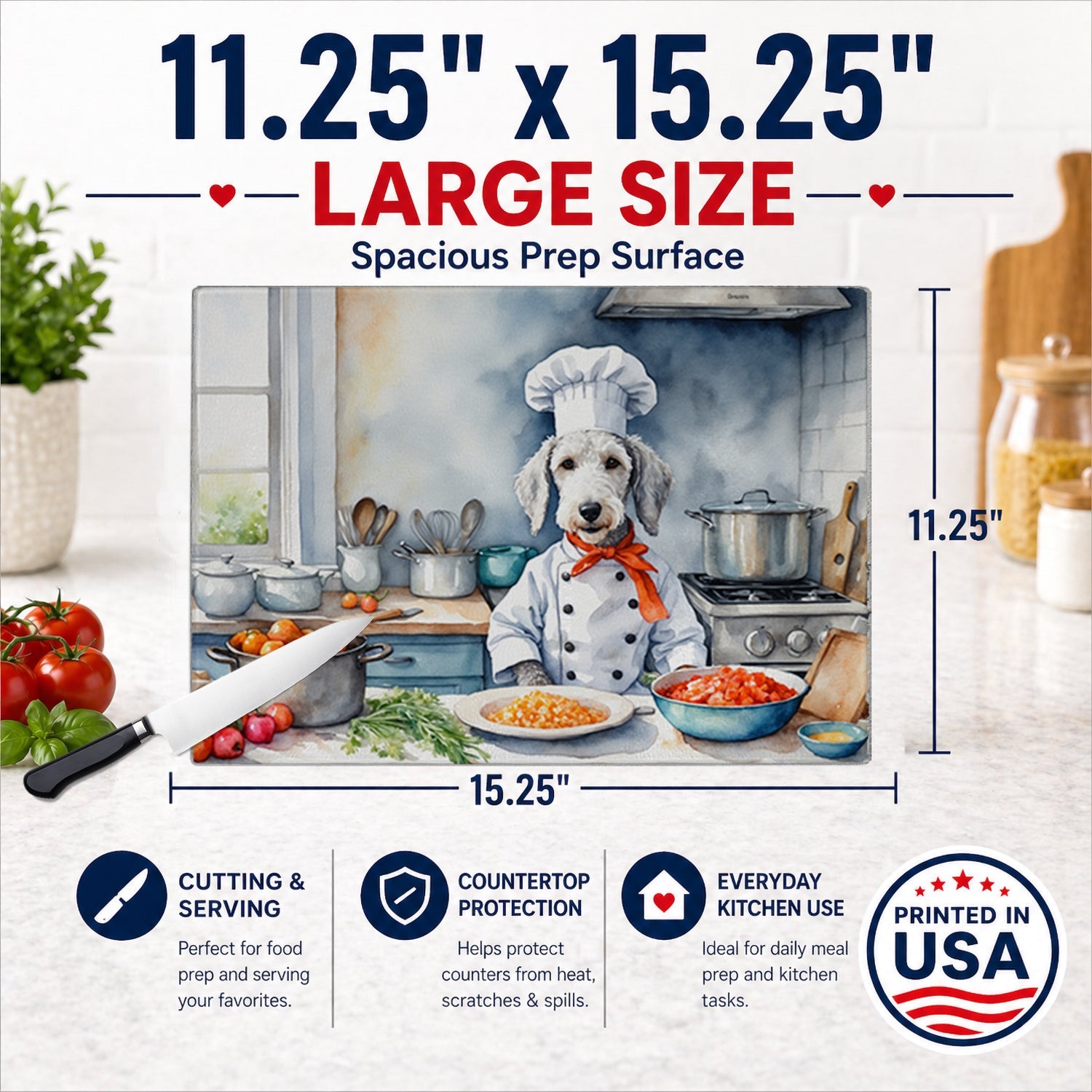 Bedlington Terrier The Chef Cutting Board Tempered Glass Kitchen Cutting Surface, Heat Resistant Chopping, Non-Slip Feet, Food Prep & Serving