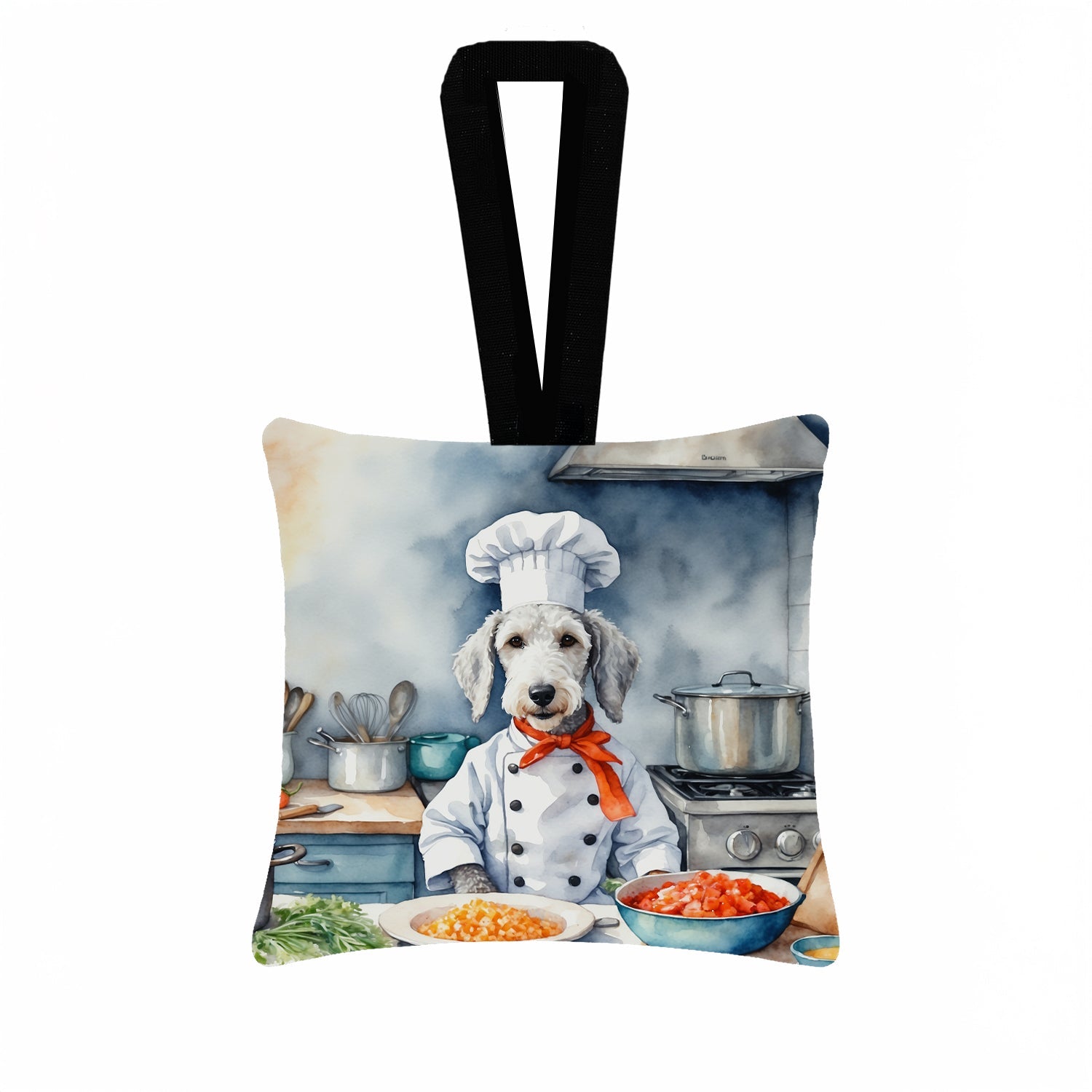 Bedlington Terrier The Chef Hanging Square Fabric Ornament 3.5 × 3.5 Decorative Door-Knob & Tree Hanger, Soft Fabric