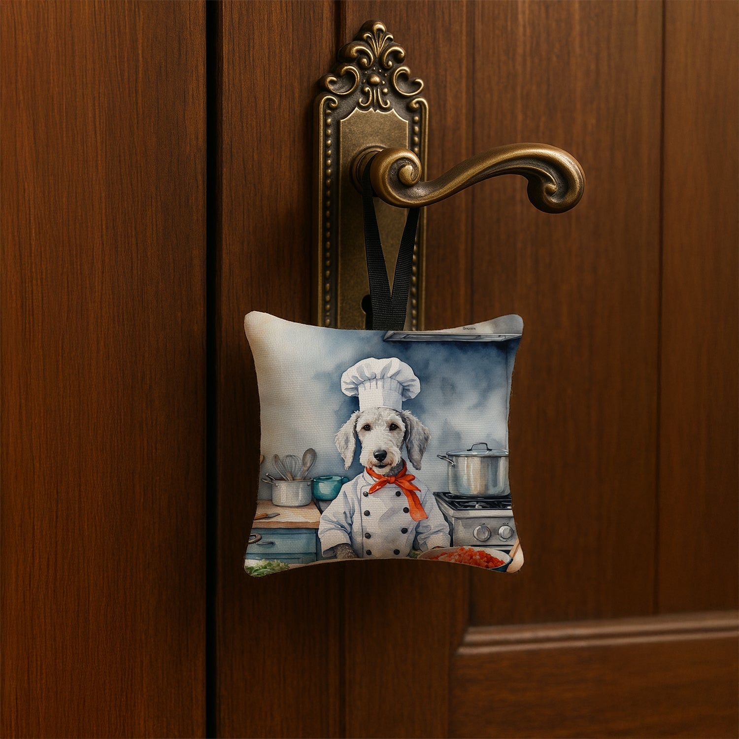 Bedlington Terrier The Chef Hanging Square Fabric Ornament 3.5 × 3.5 Decorative Door-Knob & Tree Hanger, Soft Fabric