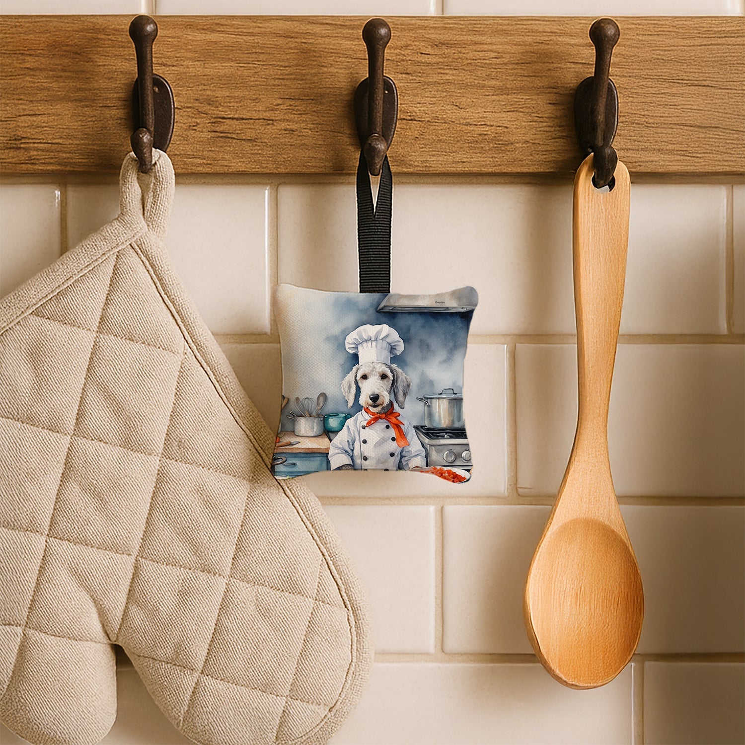 Bedlington Terrier The Chef Hanging Square Fabric Ornament 3.5 × 3.5 Decorative Door-Knob & Tree Hanger, Soft Fabric