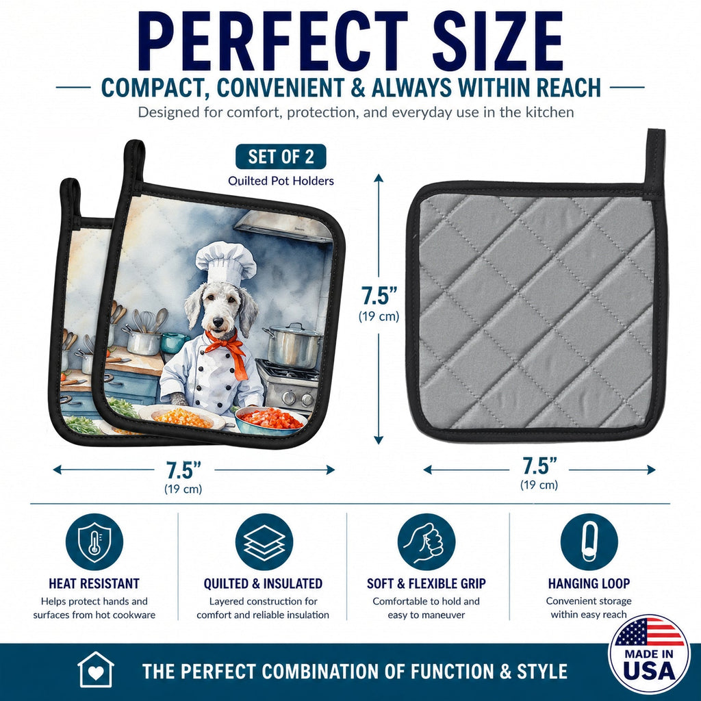 Bedlington Terrier The Chef Pot Holder Set of 2 Heat Resistant Quilted Hot Pads 7.5 x 7.5 Inch, Insulated Kitchen Trivets for Cooking & Baking