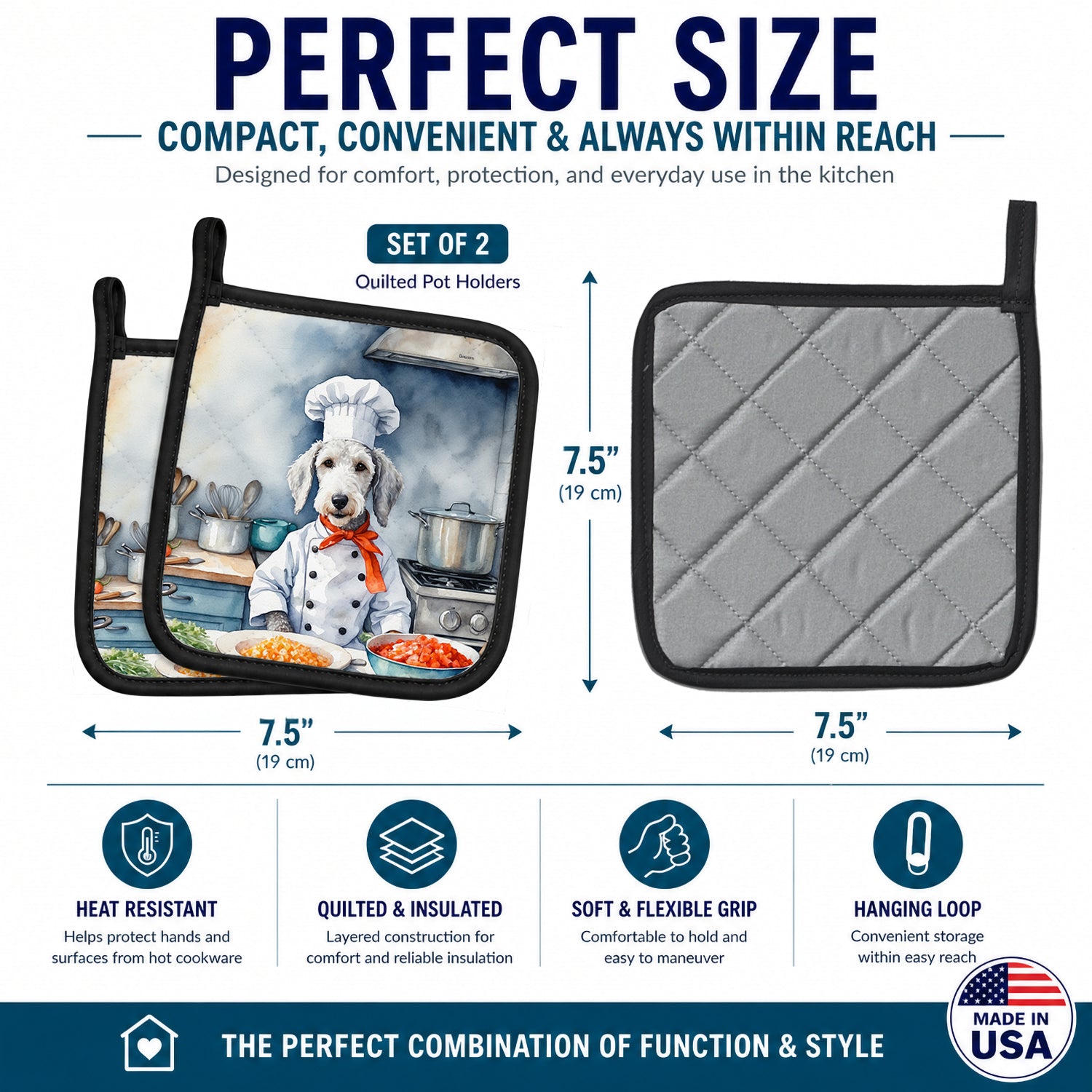 Bedlington Terrier The Chef Pot Holder Set of 2 Heat Resistant Quilted Hot Pads 7.5 x 7.5 Inch, Insulated Kitchen Trivets for Cooking & Baking