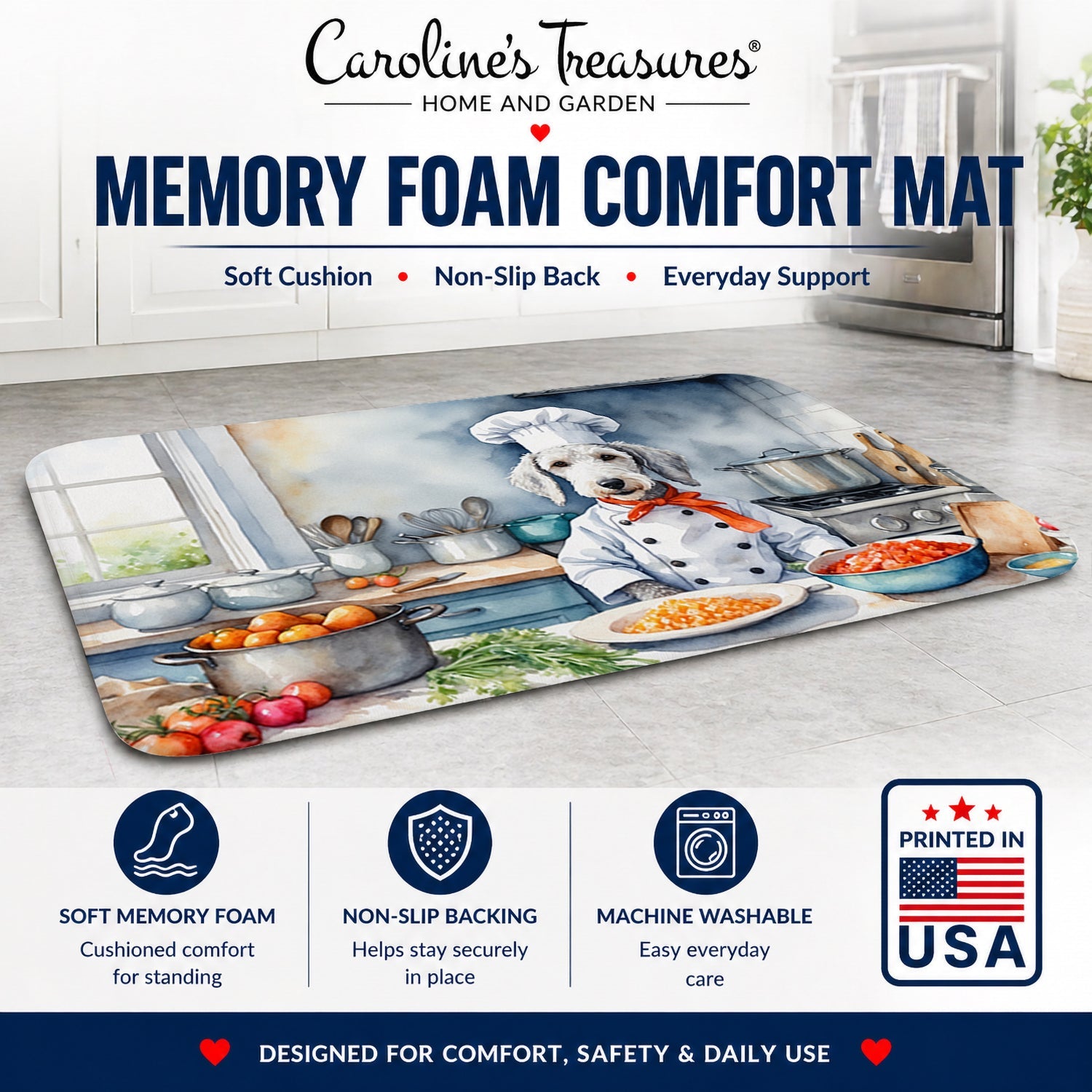 Bedlington Terrier The Chef Memory Foam Kitchen Mat Machine Washable Anti-Fatigue Cushion Comfort Bath or Kitchen Rug