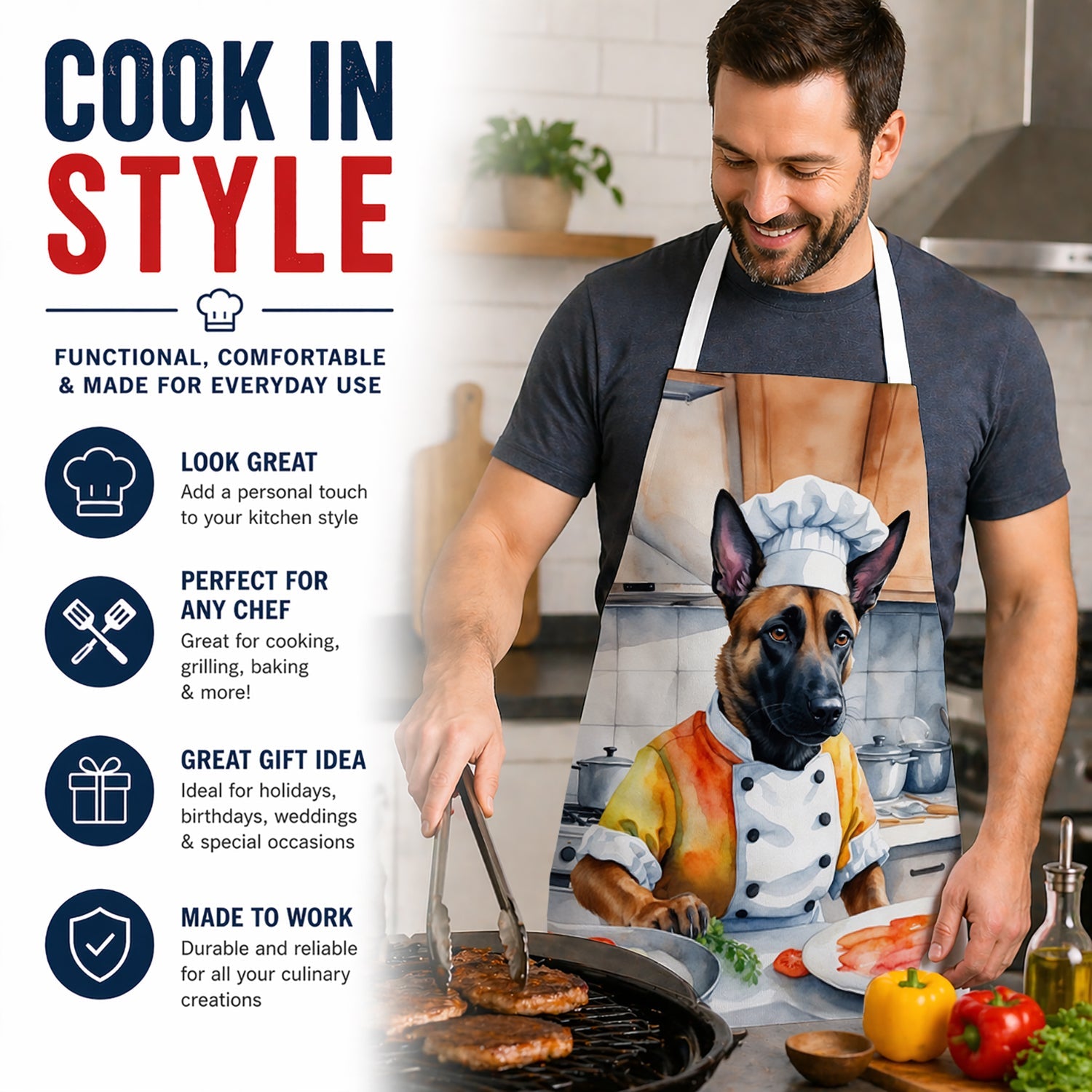 Belgian Malinois The Chef Apron Cooking Kitchen Server Baking Crafts Gardening for Adult Women Men, Unisex, Large, Multicolor