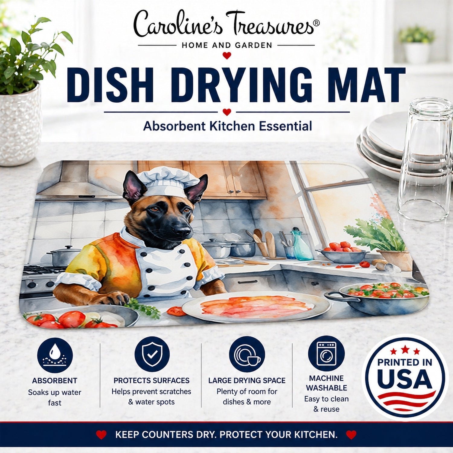 Belgian Malinois The Chef Dish Drying Mat Absorbent Dish Drying Mat Pad for Kitchen Counter Dish Drainer Mat for Countertop, 14 x 21", Multicolor
