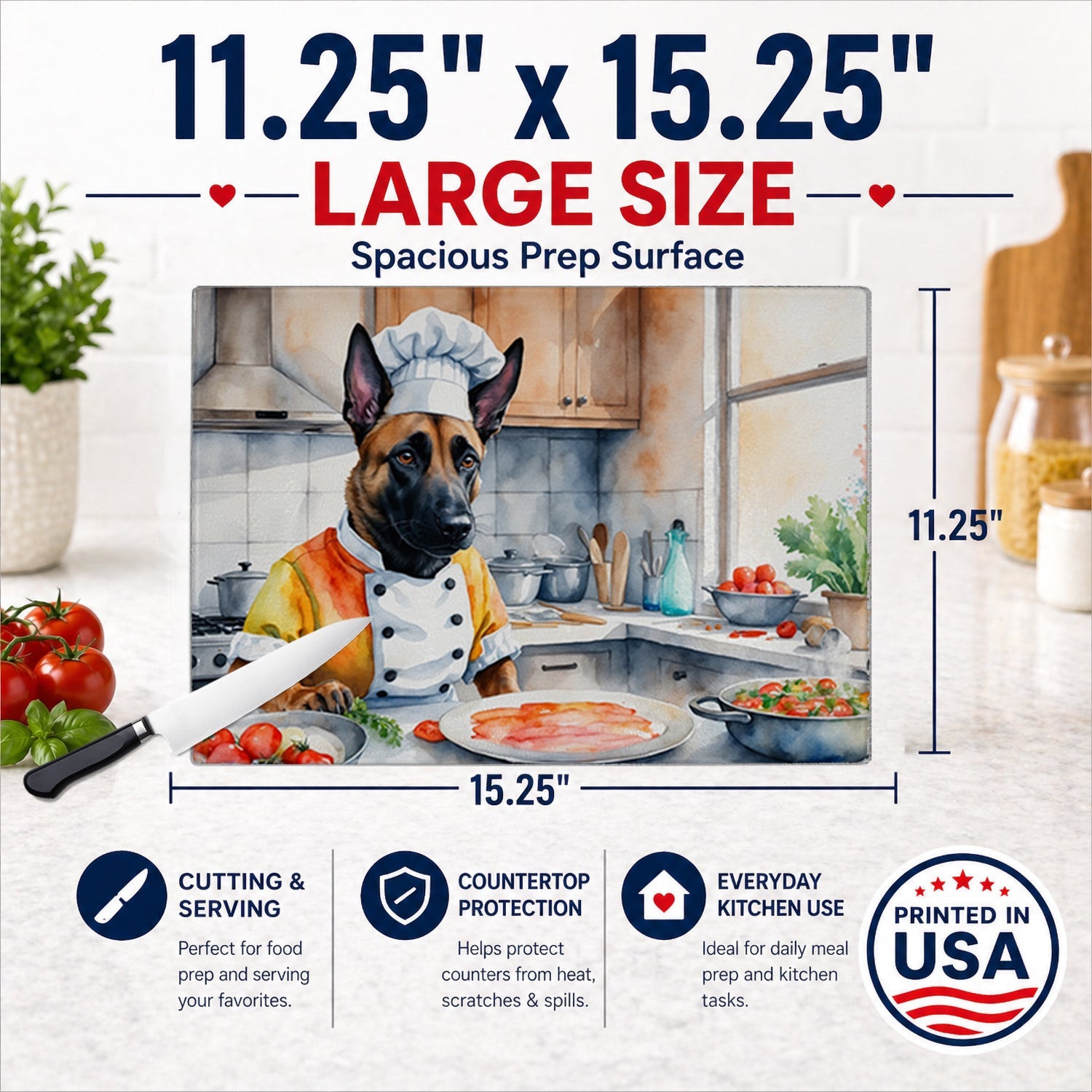 Belgian Malinois The Chef Cutting Board Tempered Glass Kitchen Cutting Surface, Heat Resistant Chopping, Non-Slip Feet, Food Prep & Serving