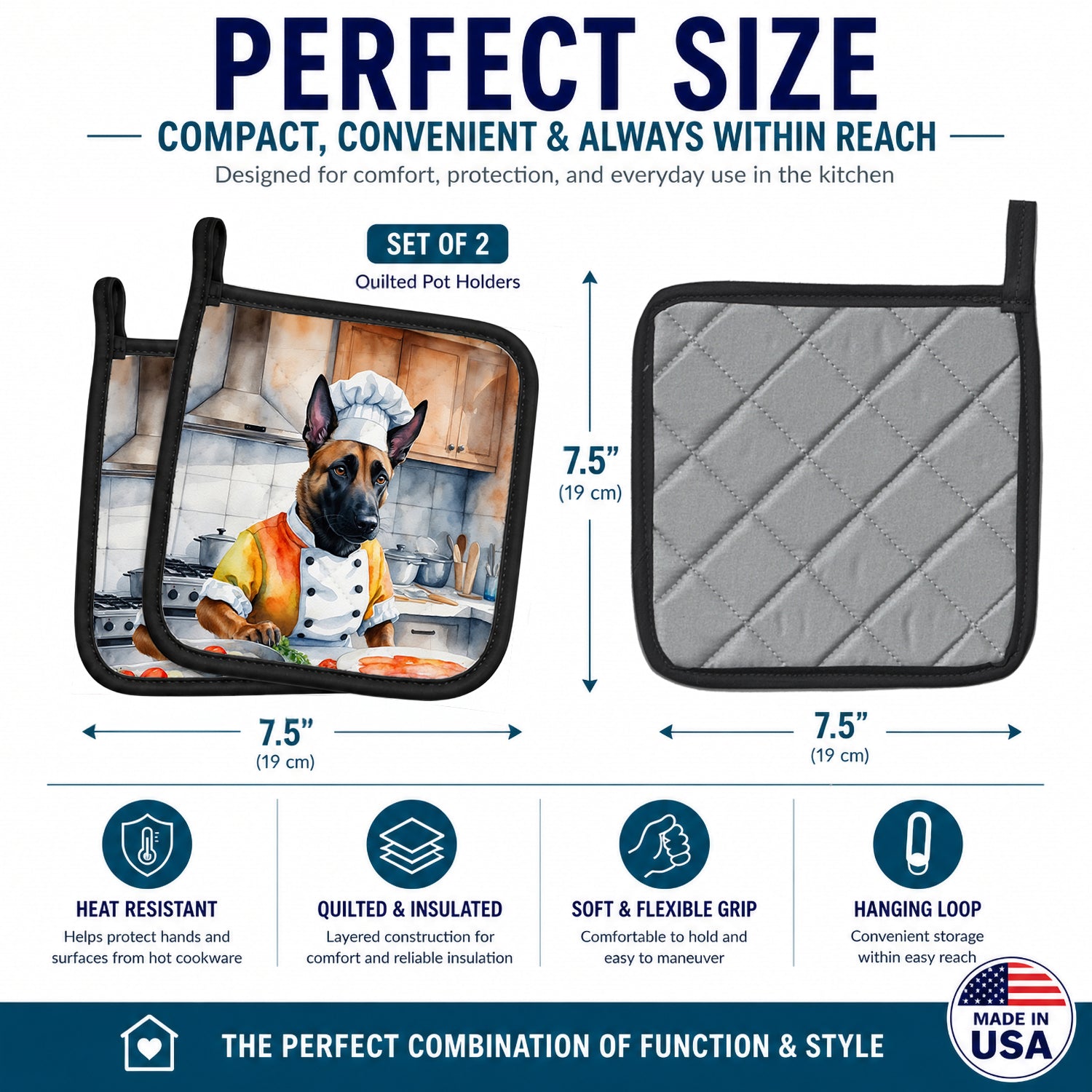 Belgian Malinois The Chef Pot Holder Set of 2 Heat Resistant Quilted Hot Pads 7.5 x 7.5 Inch, Insulated Kitchen Trivets for Cooking & Baking