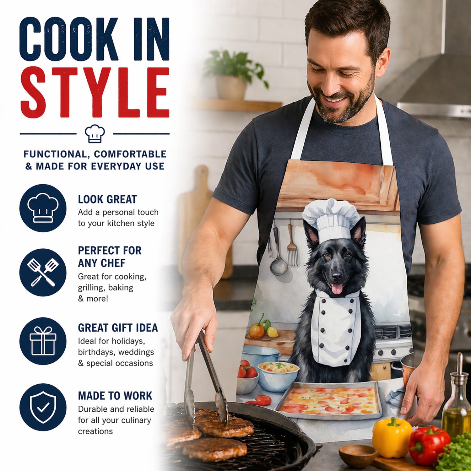 Belgian Sheepdog The Chef Apron Cooking Kitchen Server Baking Crafts Gardening for Adult Women Men, Unisex, Large, Multicolor
